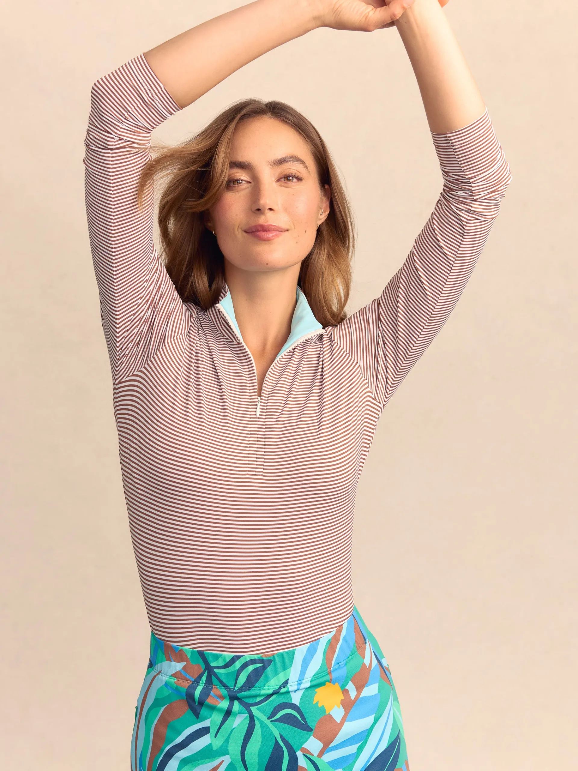 J.McLaughlin Ace 1/4 Zip Top in Stripe White/Coffee Cheap