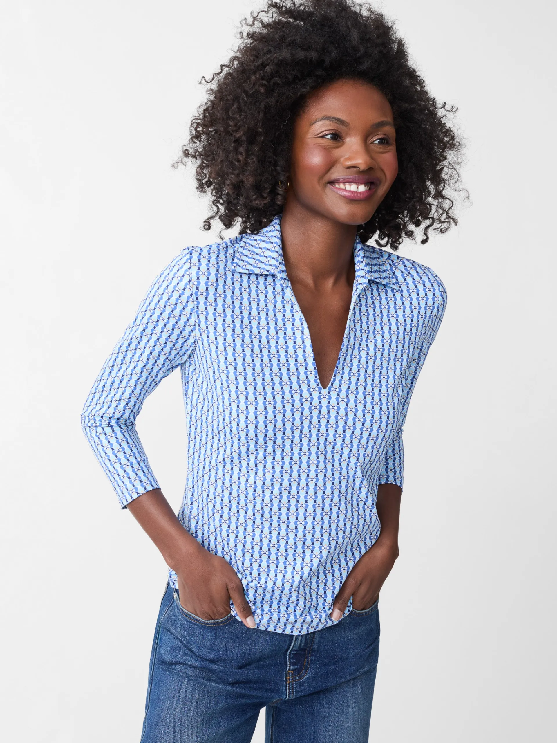 J.McLaughlin Aida 3/4 Sleeve Top in Blooms Geo DeepBlue/LightBlue Online