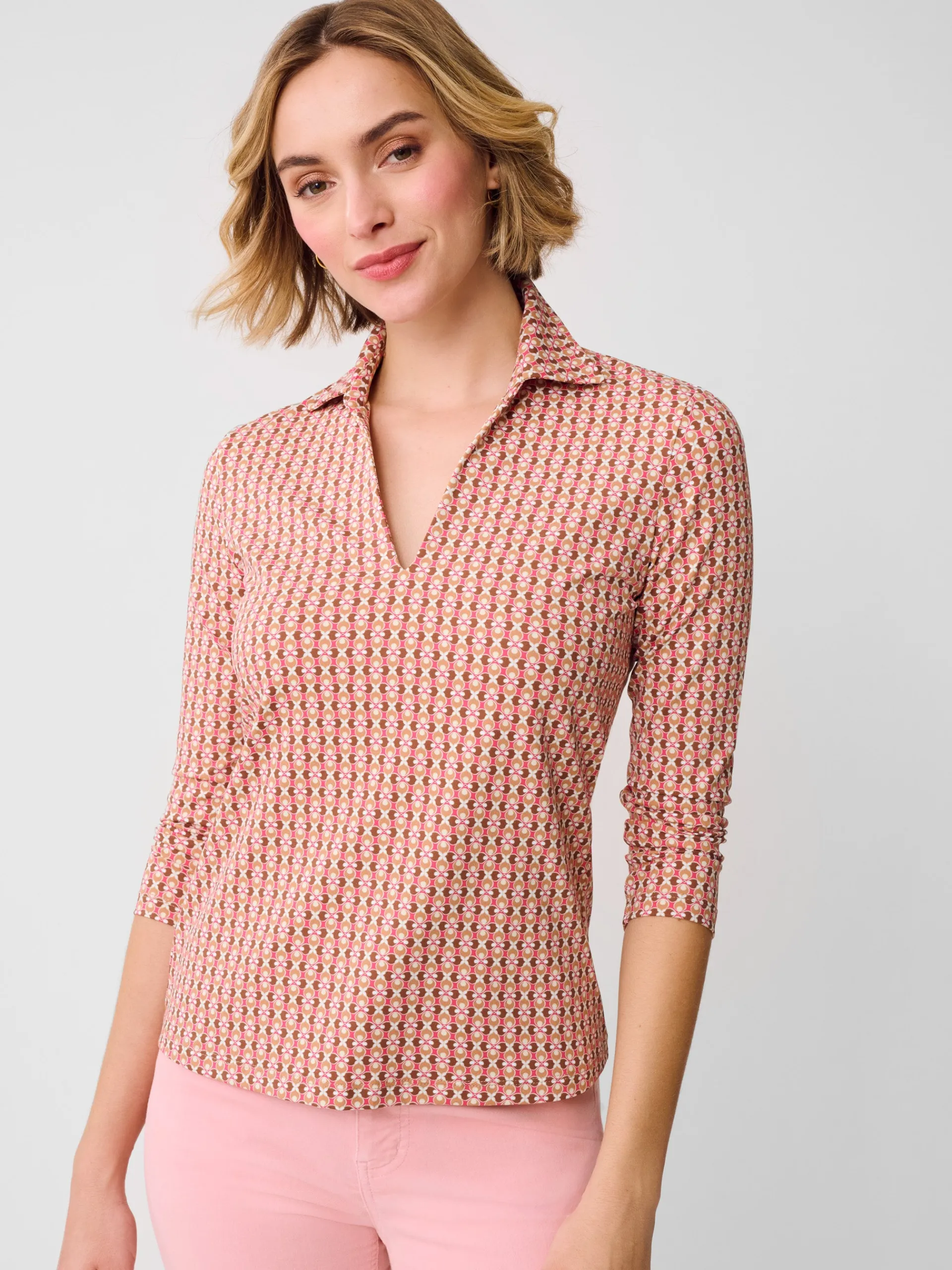 J.McLaughlin Aida 3/4 Sleeve Top in Blooms Geo Pink/Brown Store