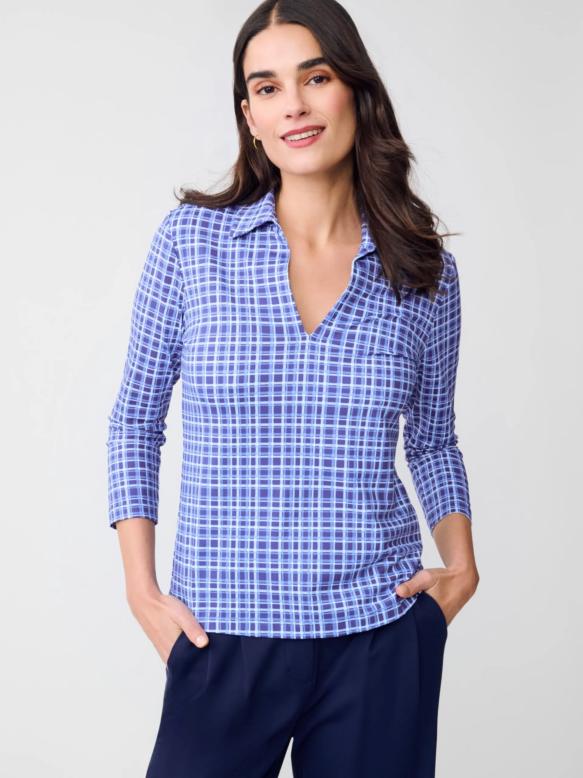 J.McLaughlin Aida 3/4 Sleeve Top in Layered Lines Navy/Blue Flash Sale