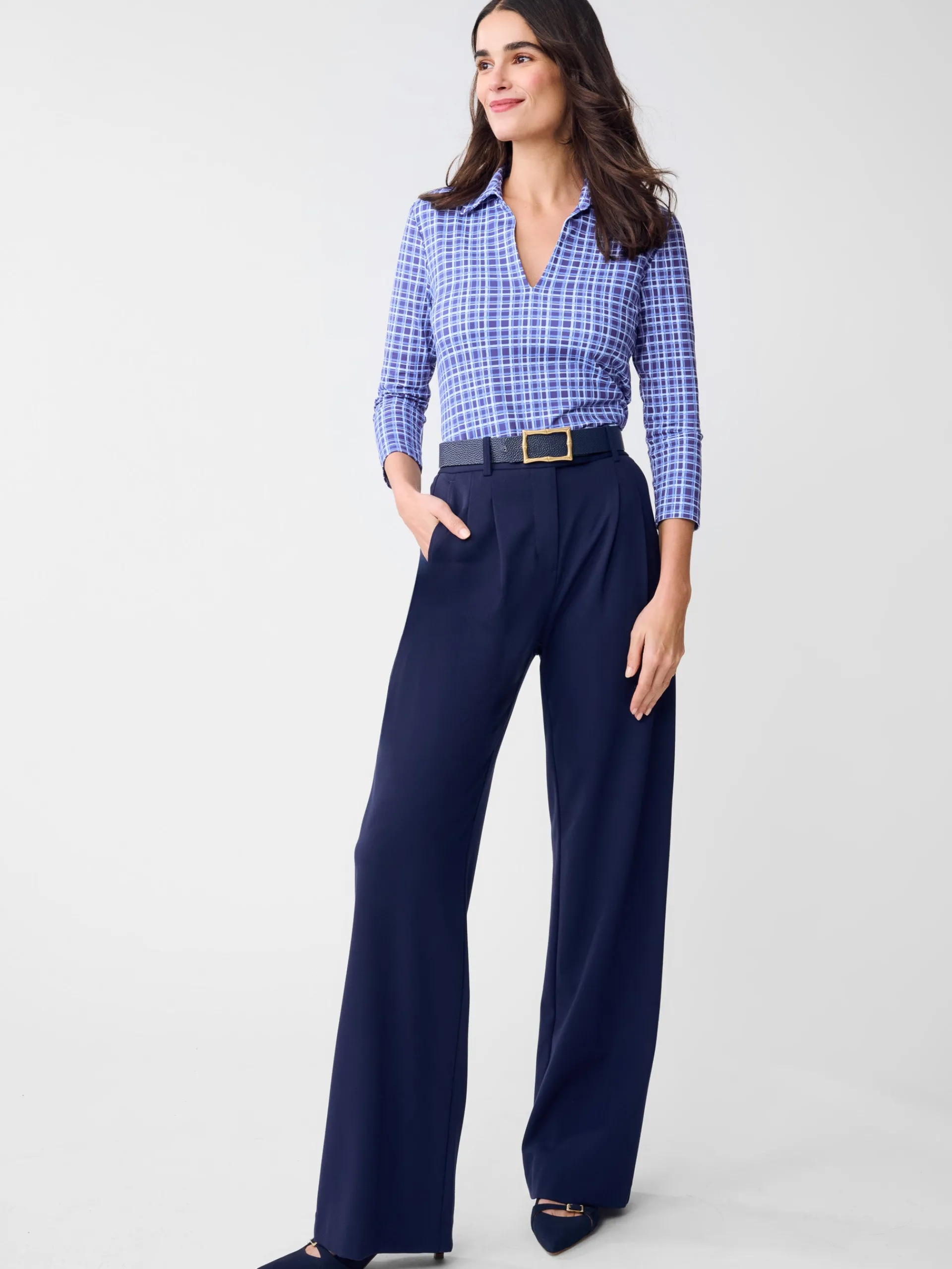 J.McLaughlin Aida 3/4 Sleeve Top in Layered Lines Navy/Blue Flash Sale