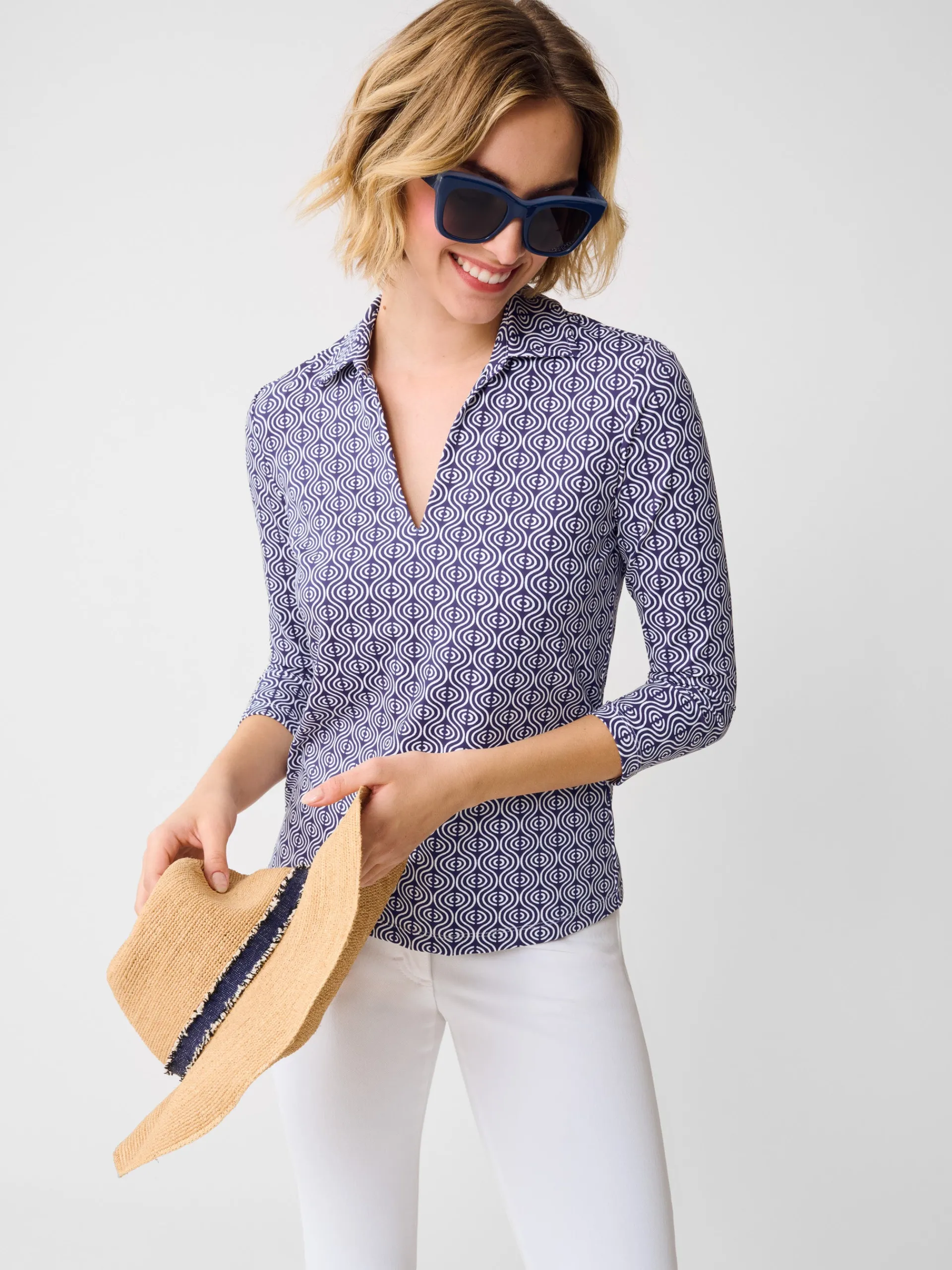 J.McLaughlin Aida 3/4 Sleeve Top in Riptide Navy/White Clearance