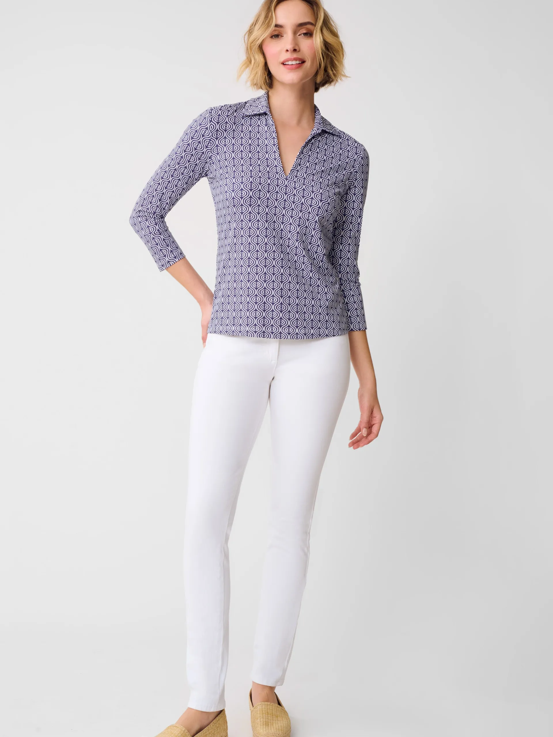 J.McLaughlin Aida 3/4 Sleeve Top in Riptide Navy/White Clearance
