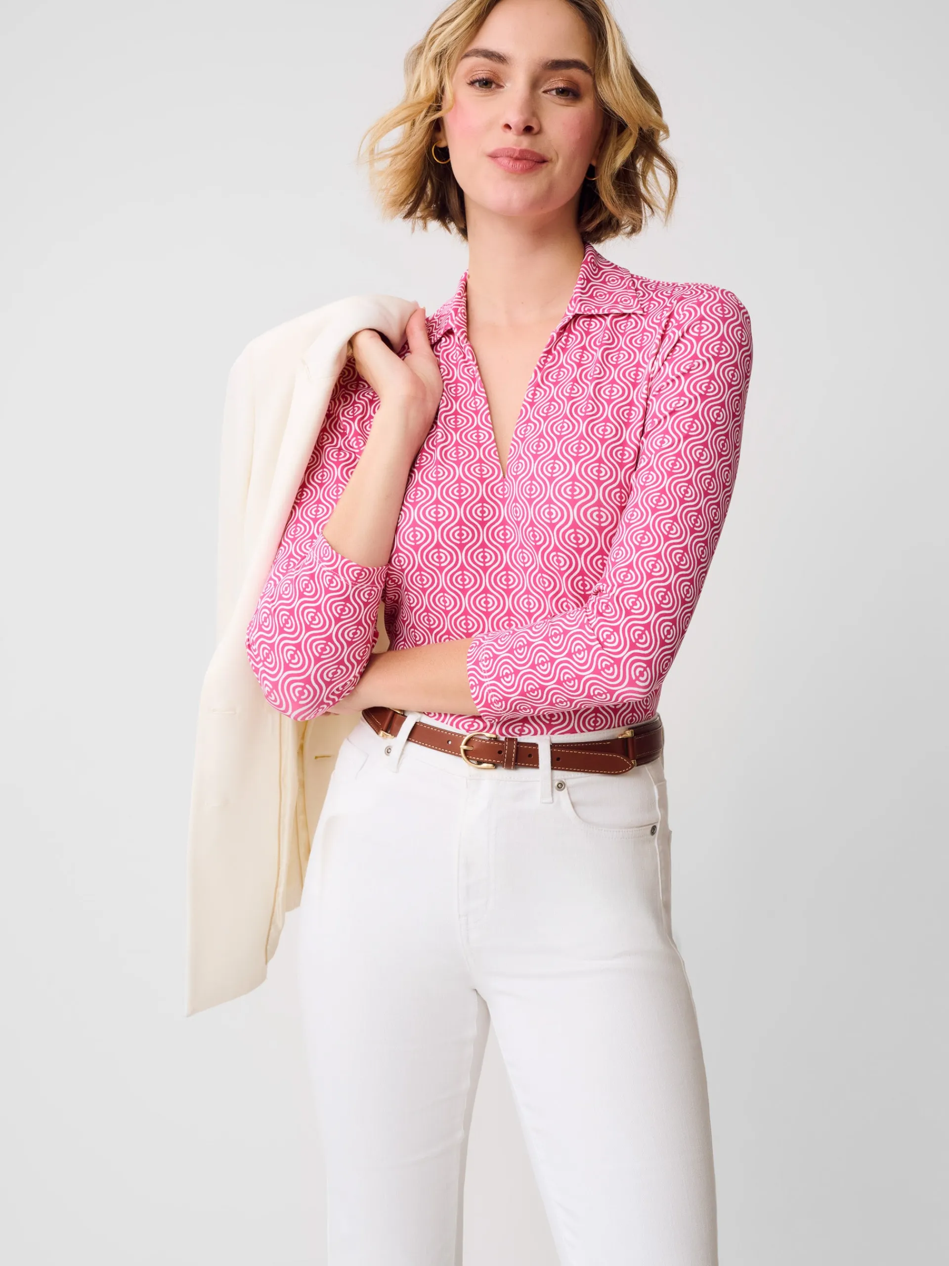 J.McLaughlin Aida 3/4 Sleeve Top in Riptide Pink/White Best