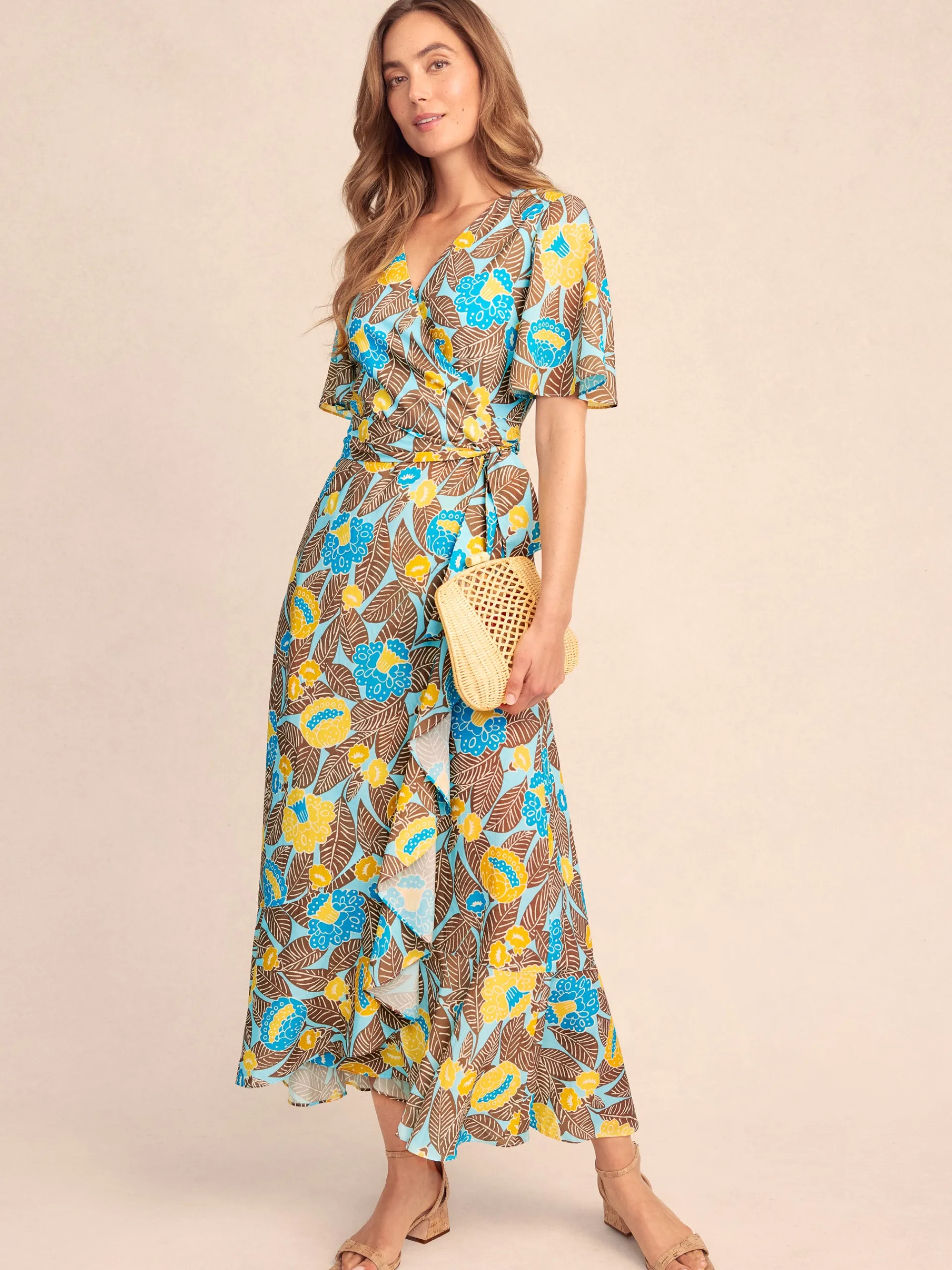 J.McLaughlin Audette Wrap Dress in Block Print Blooms Aqua/Brown/Gold Best Sale