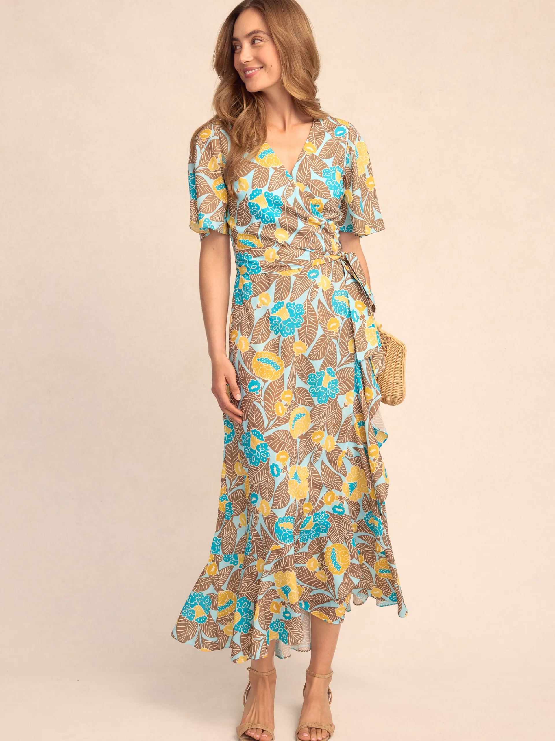 J.McLaughlin Audette Wrap Dress in Block Print Blooms Aqua/Brown/Gold Best Sale