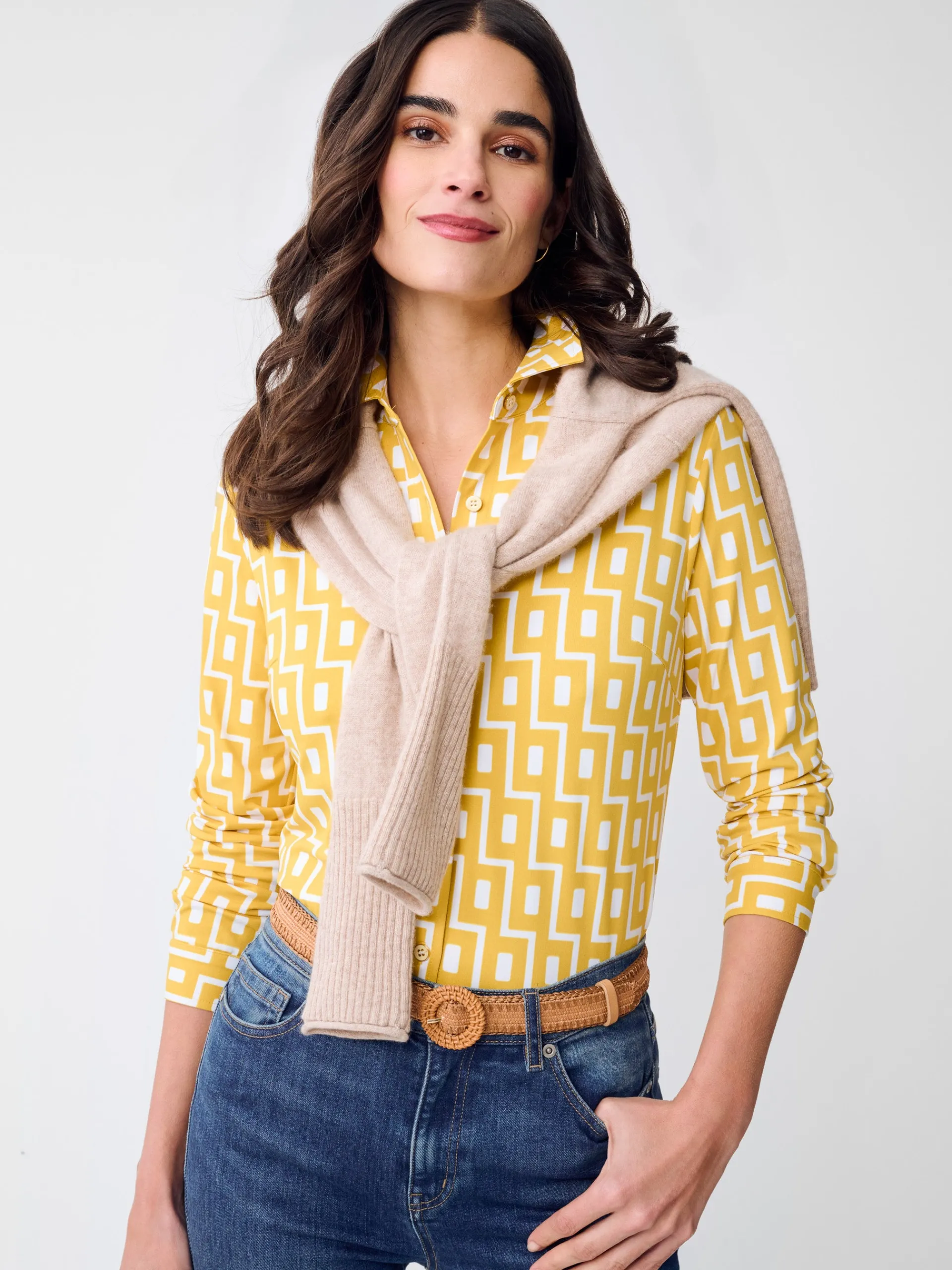 J.McLaughlin Betty Shirt in City Windows Yellow/OffWhite Hot