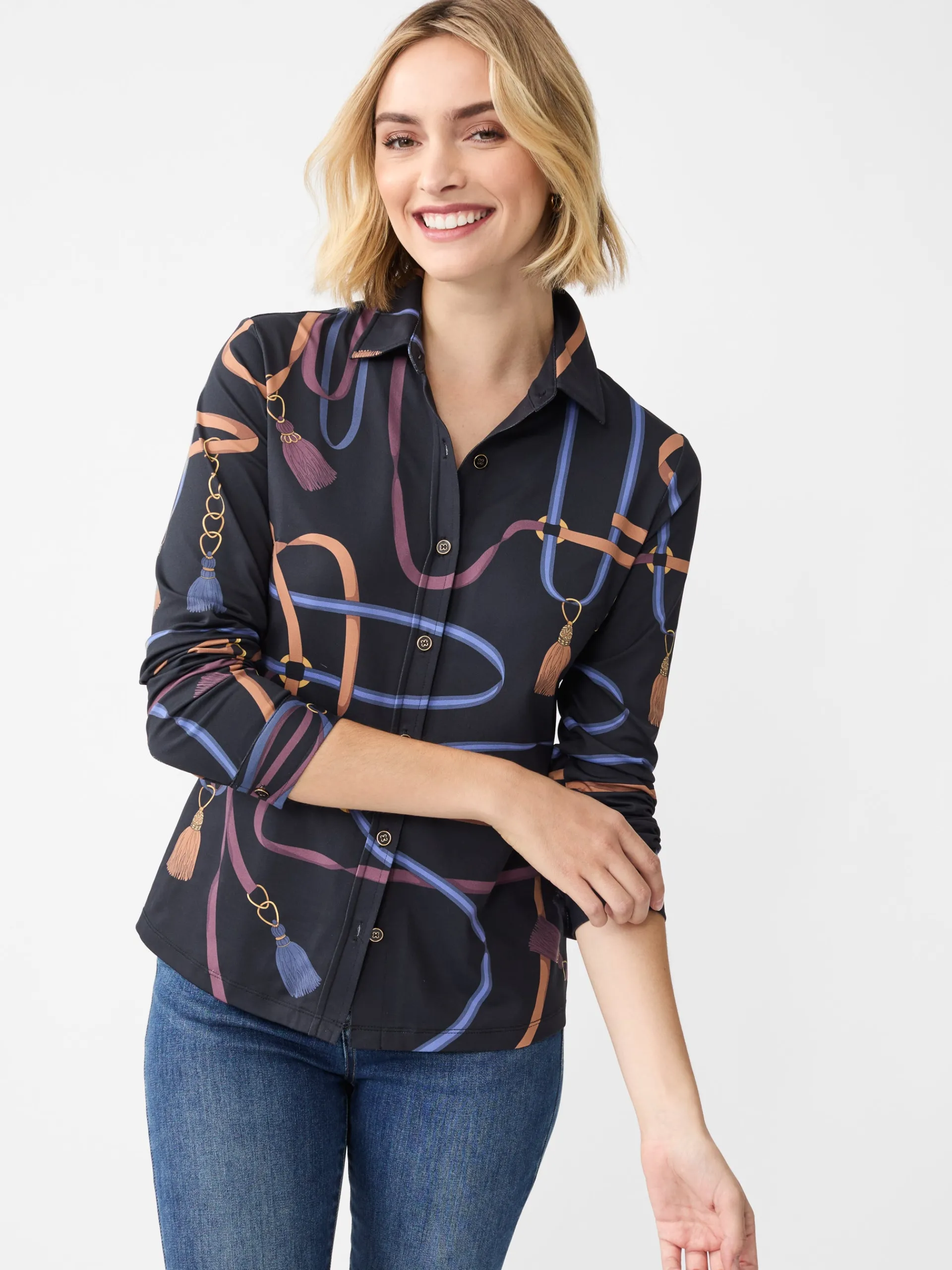 J.McLaughlin Betty Shirt in Fringe Fete Black/Blue/Purple Store