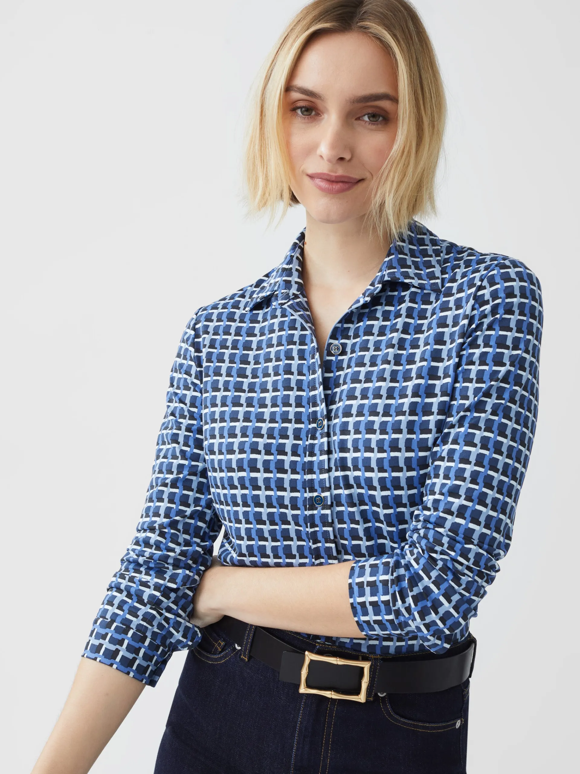 J.McLaughlin Betty Shirt in Marseilles Geo DarkBlue/Black Clearance