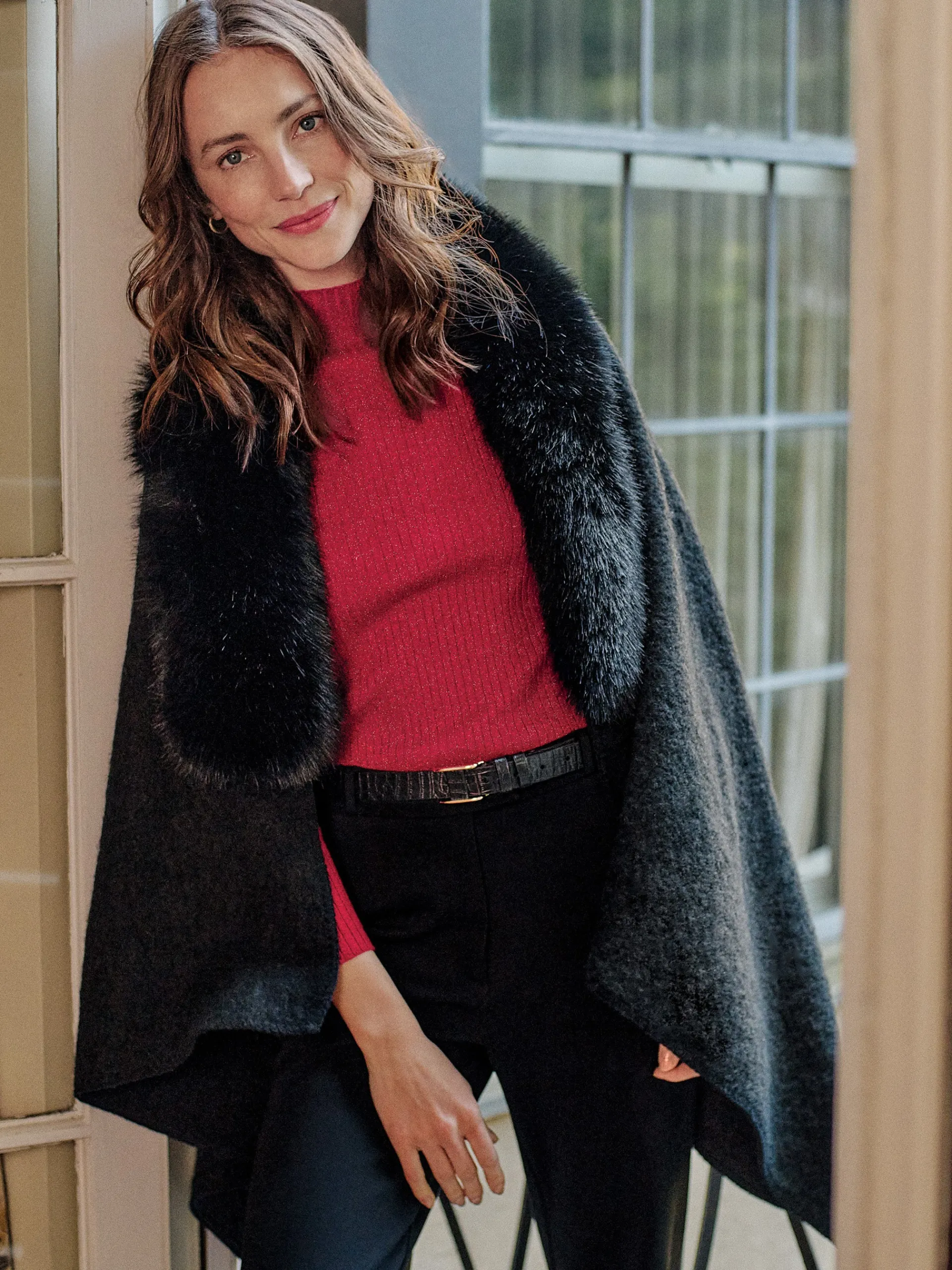 J.McLaughlin Bianca Cape with Faux Fur Collar Black Cheap