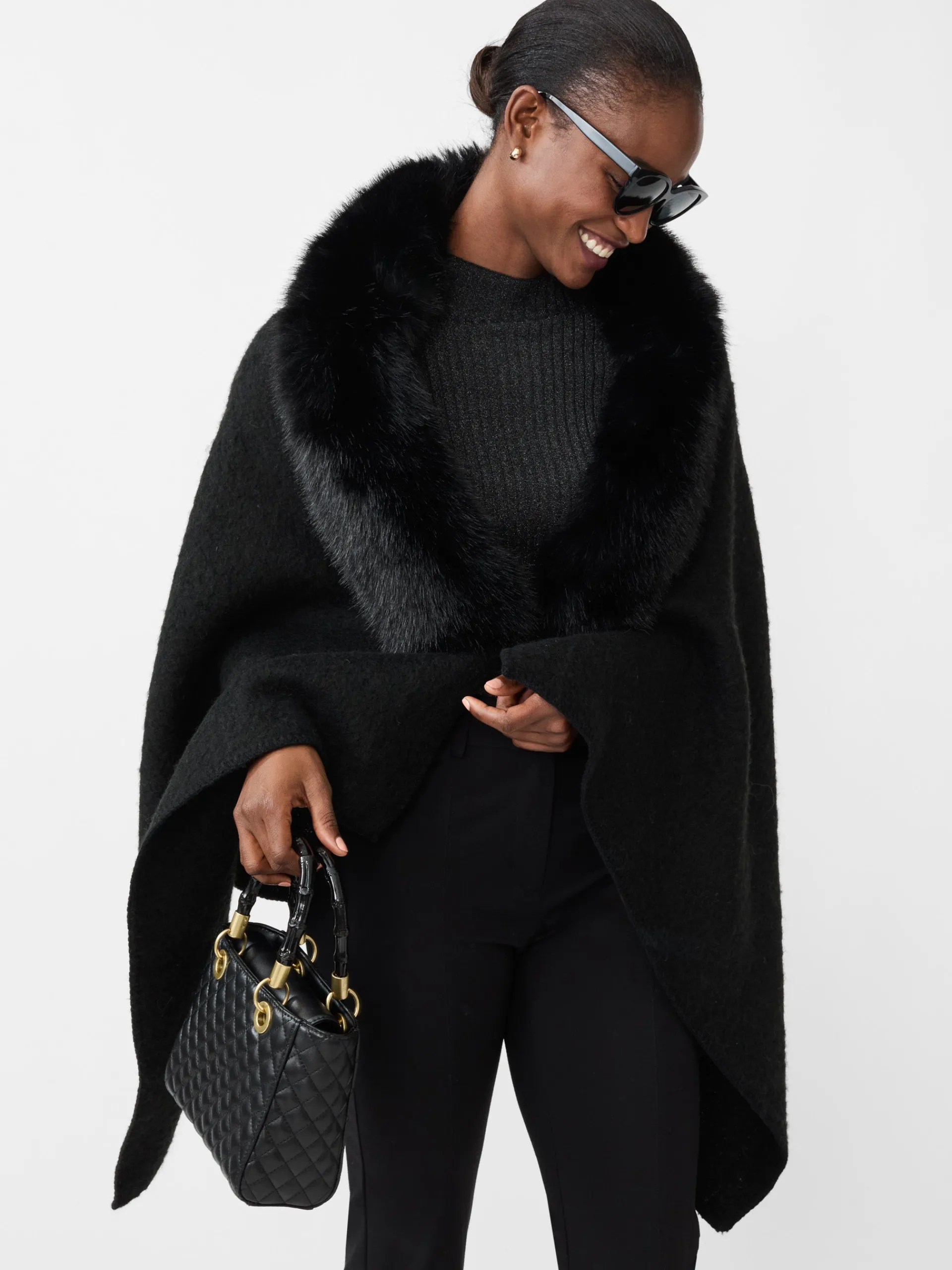 J.McLaughlin Bianca Cape with Faux Fur Collar Black Cheap