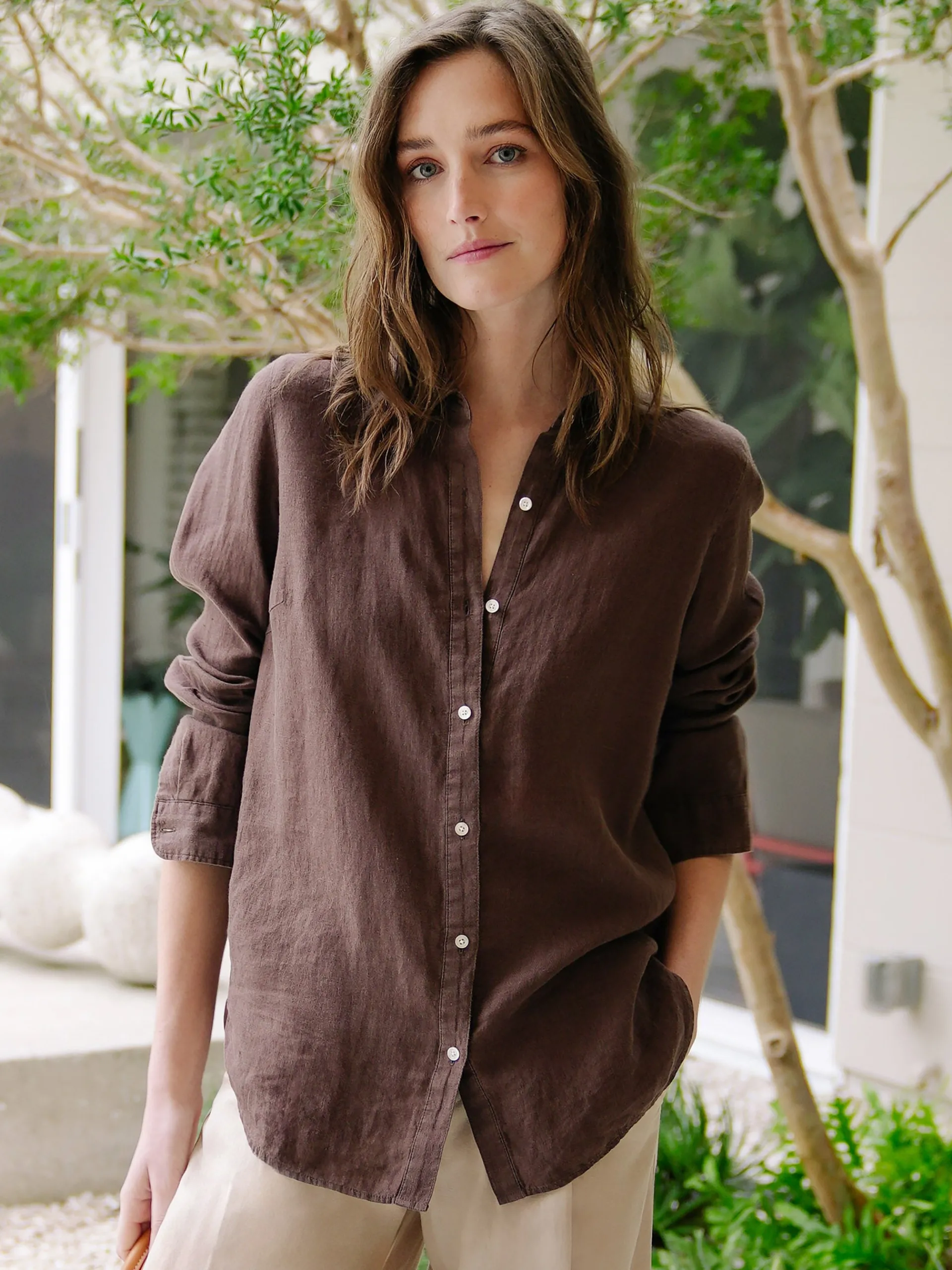 J.McLaughlin Britt Linen Shirt DarkBrown Flash Sale