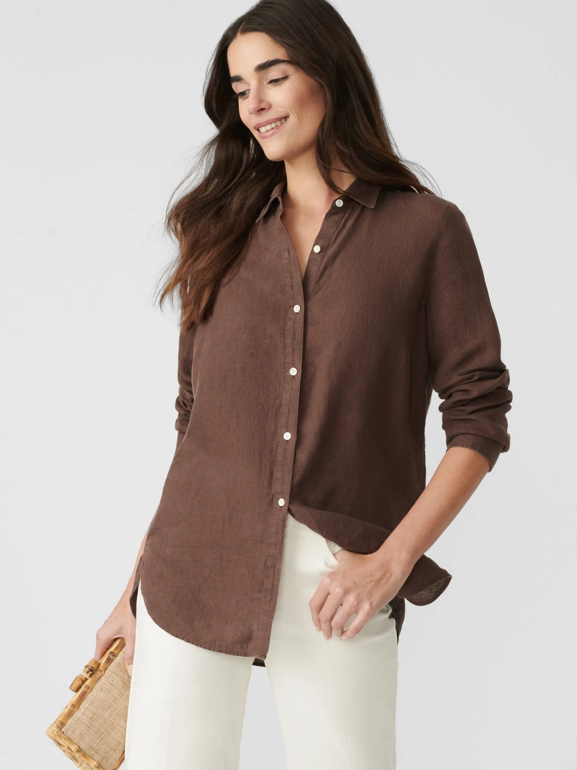 J.McLaughlin Britt Linen Shirt DarkBrown Flash Sale