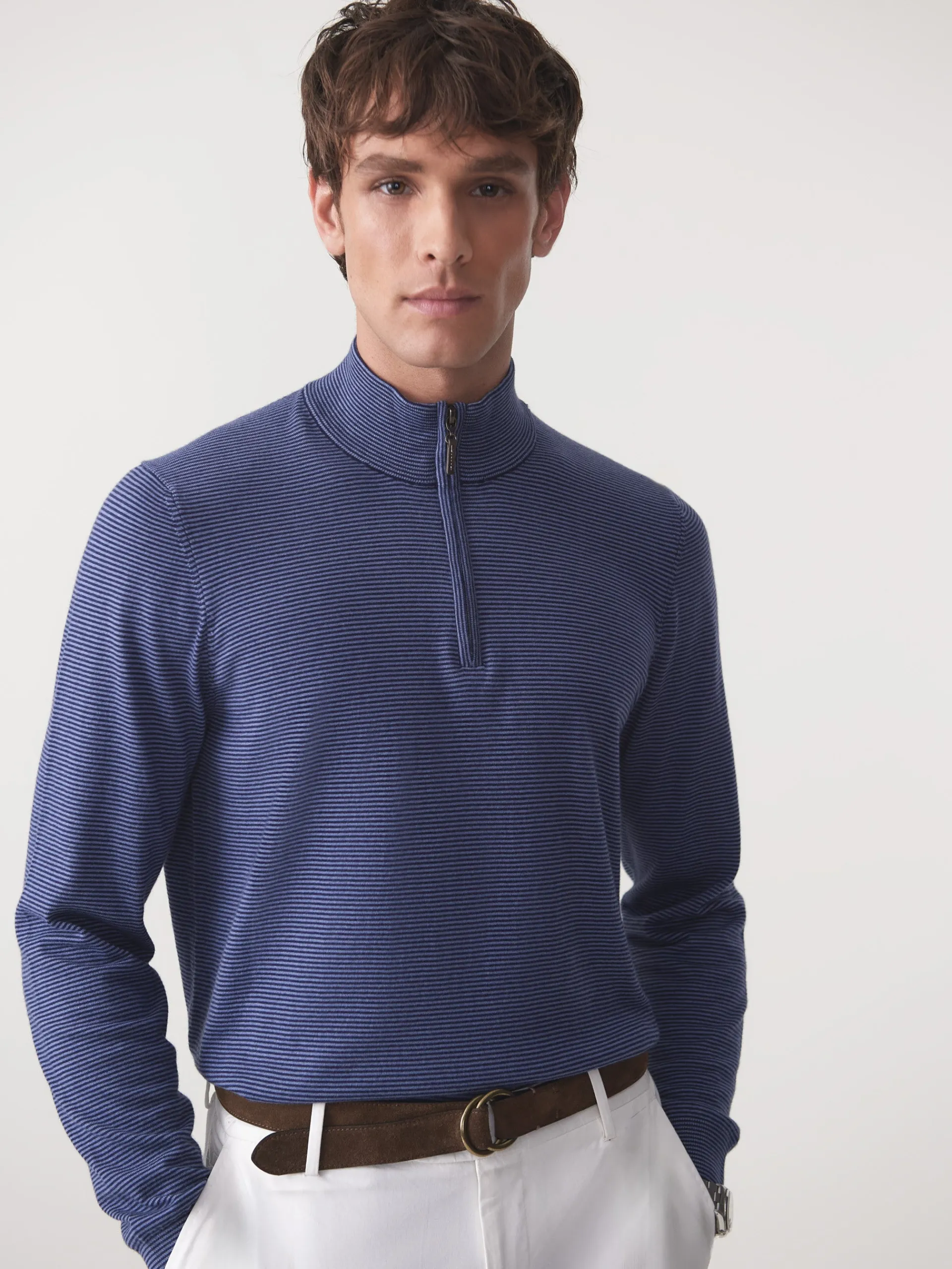 J.McLaughlin Brookhaven 1/4 Zip Sweater in Stripe Navy/Denim Shop