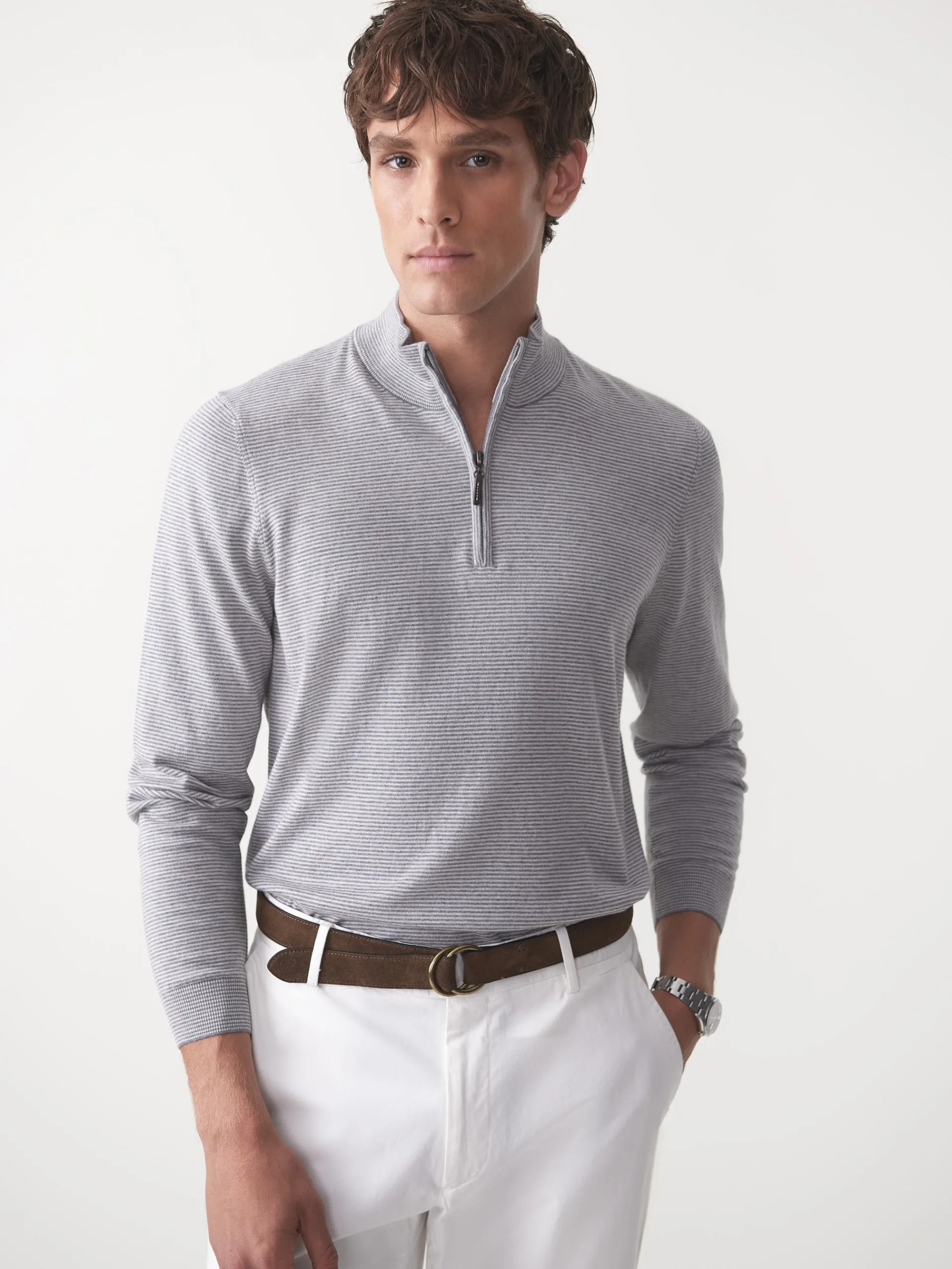 J.McLaughlin Brookhaven 1/4 Zip Sweater in Stripe Gray/LightGray Sale