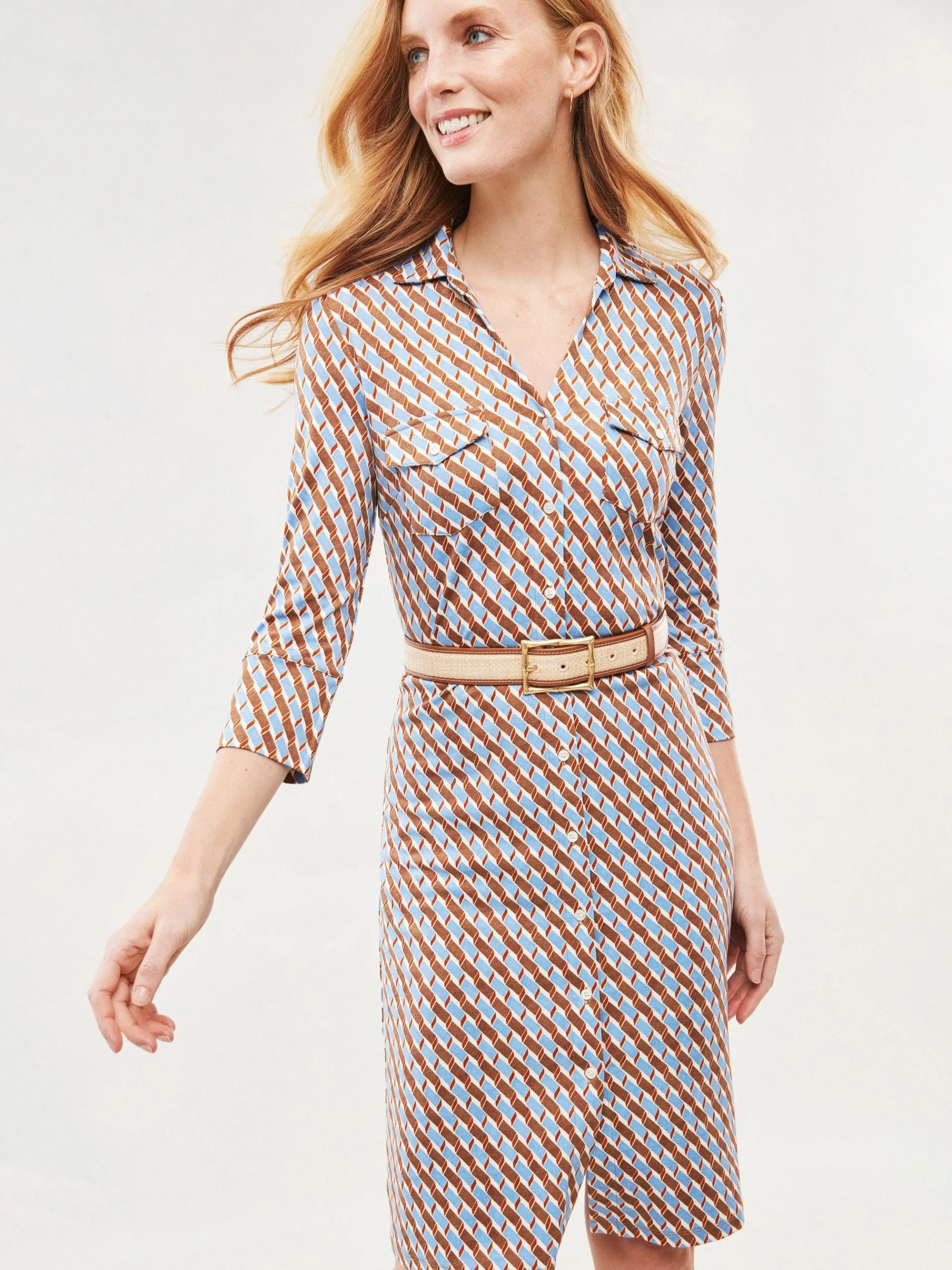 J.McLaughlin Brynn Dress in Mini Fernwood Geo Brown/DenimBlue Clearance