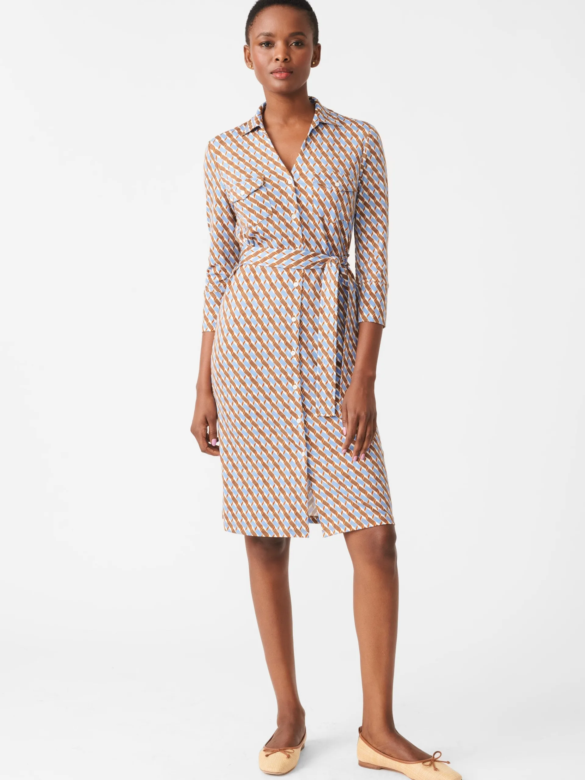 J.McLaughlin Brynn Dress in Mini Fernwood Geo Brown/DenimBlue Clearance