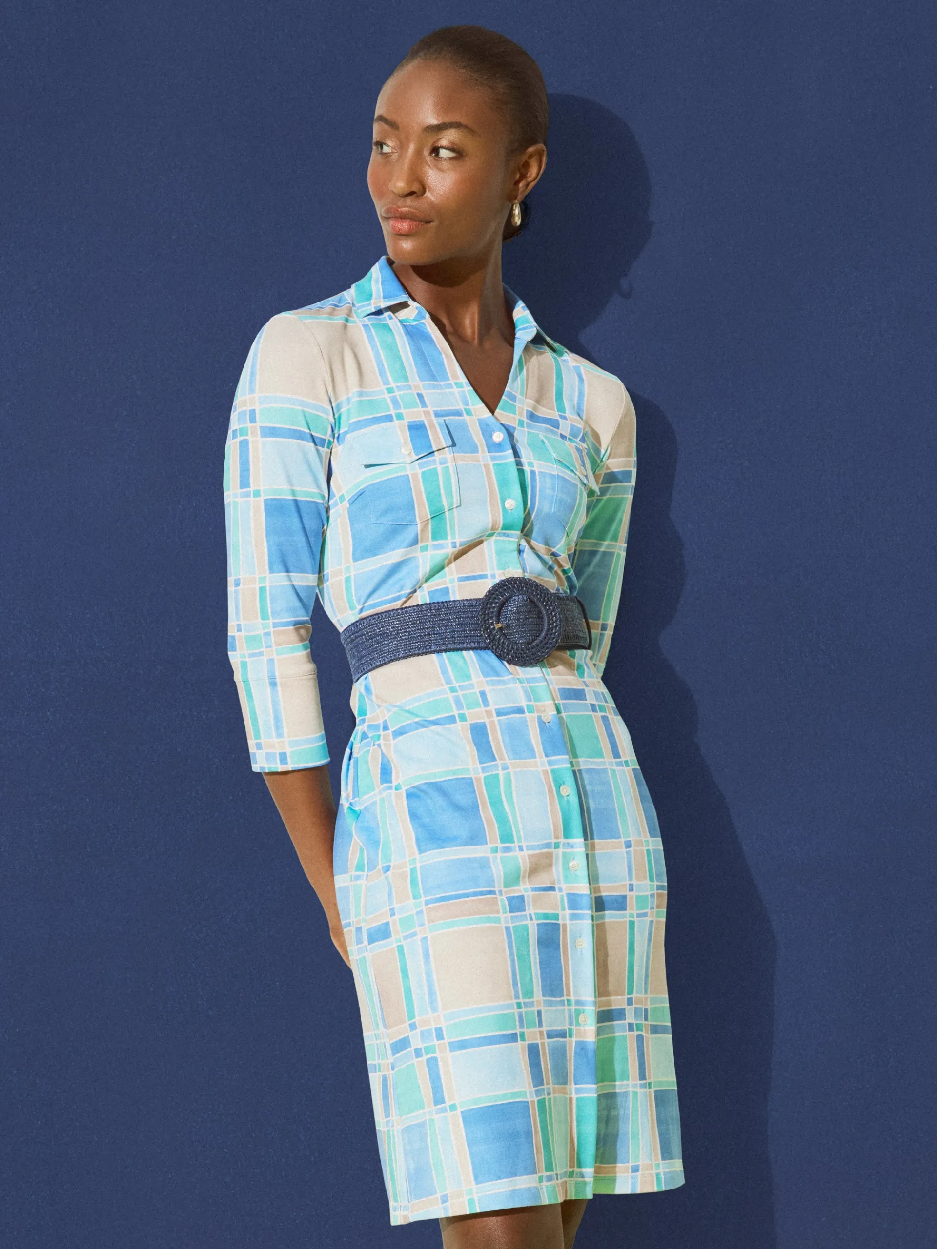 J.McLaughlin Brynn Dress in Paintbrush Plaid LightBlue/Aqua Best Sale