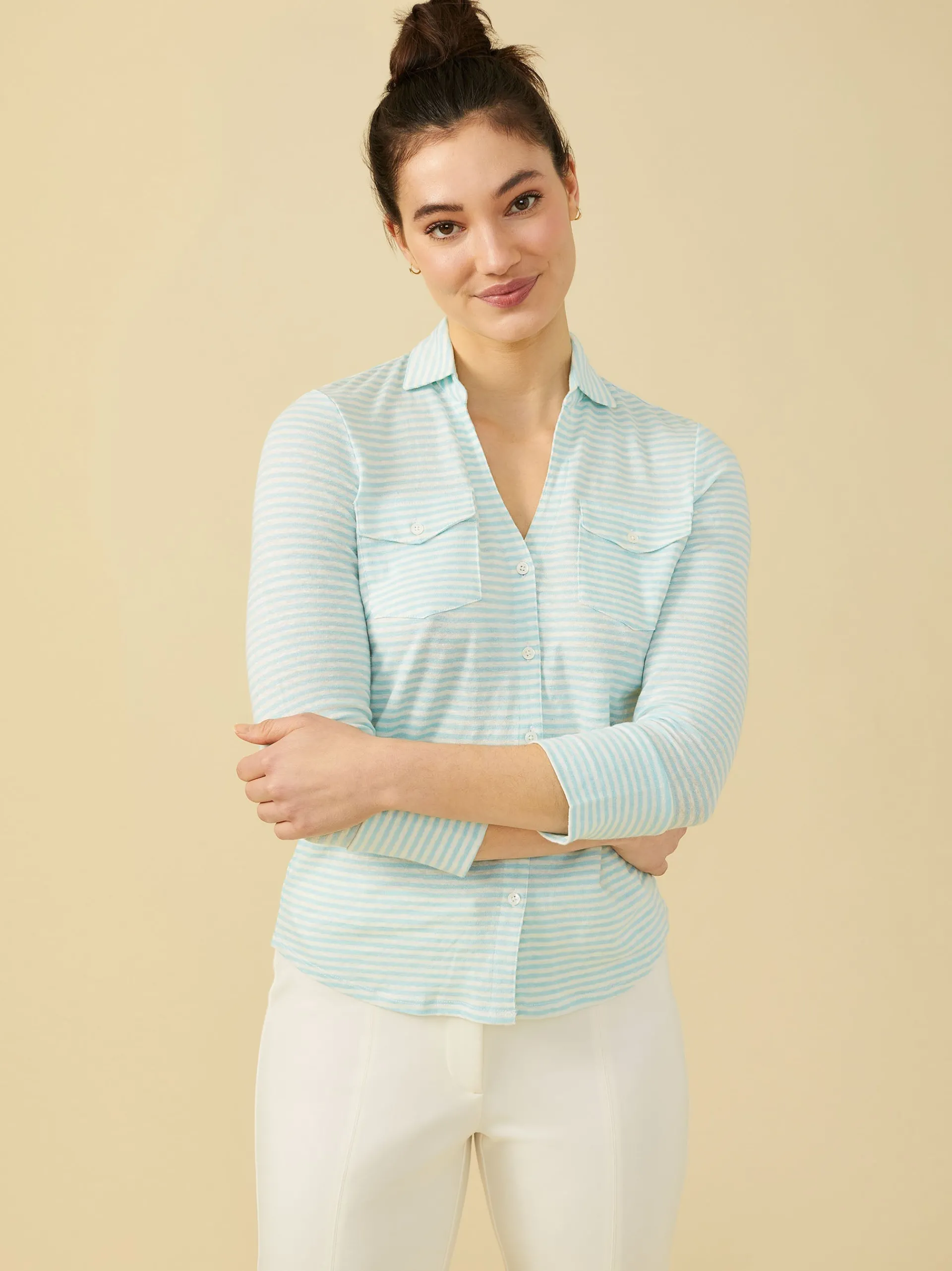 J.McLaughlin Brynn Linen Shirt in Stripe White/Aquamarine Discount