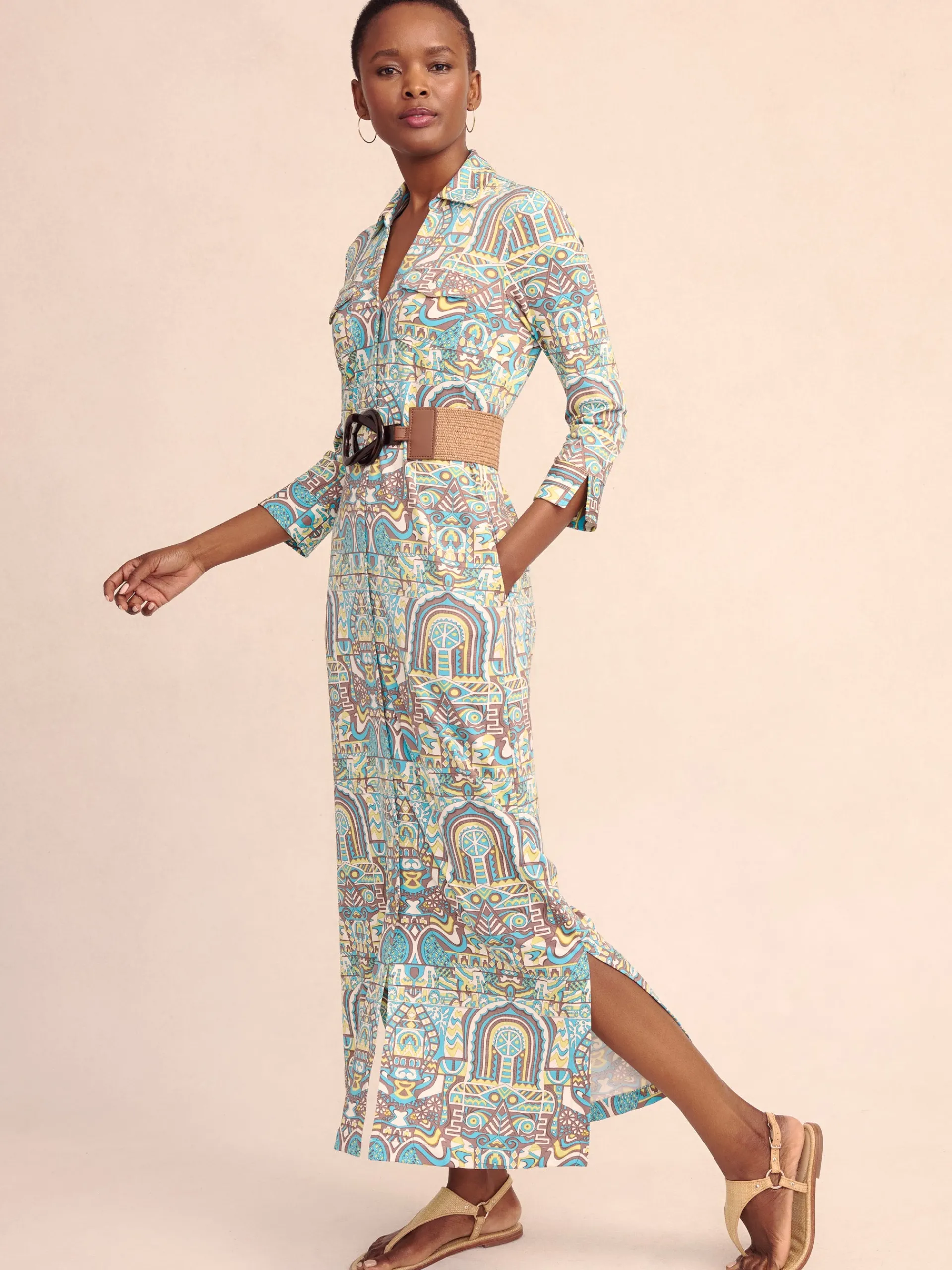 J.McLaughlin Brynn Maxi Dress in Yucutan Mural Brown/Aqua Hot