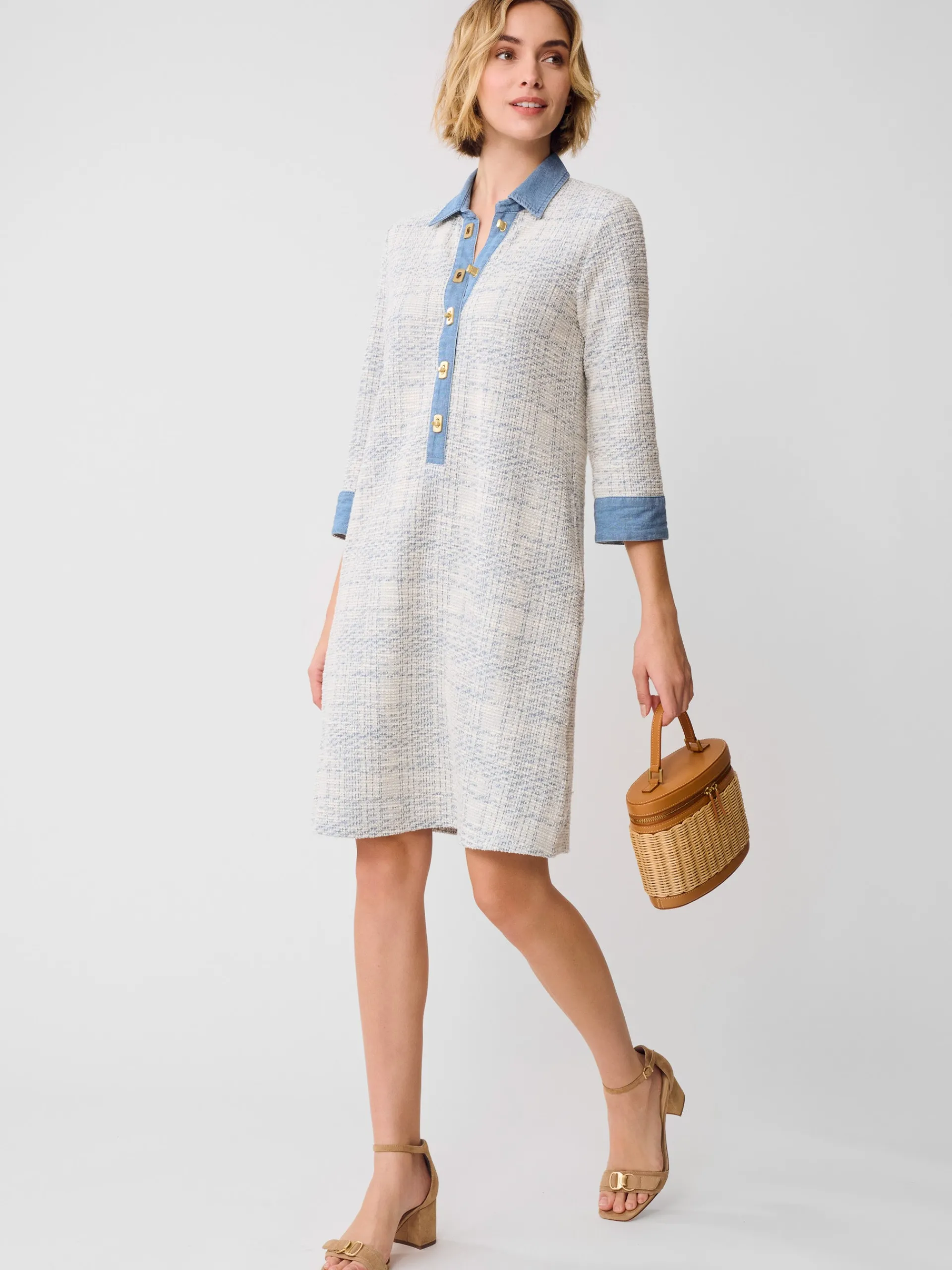 J.McLaughlin Bryony Dress in Plaid Jacquard OffWhite/LightBlue Best Sale