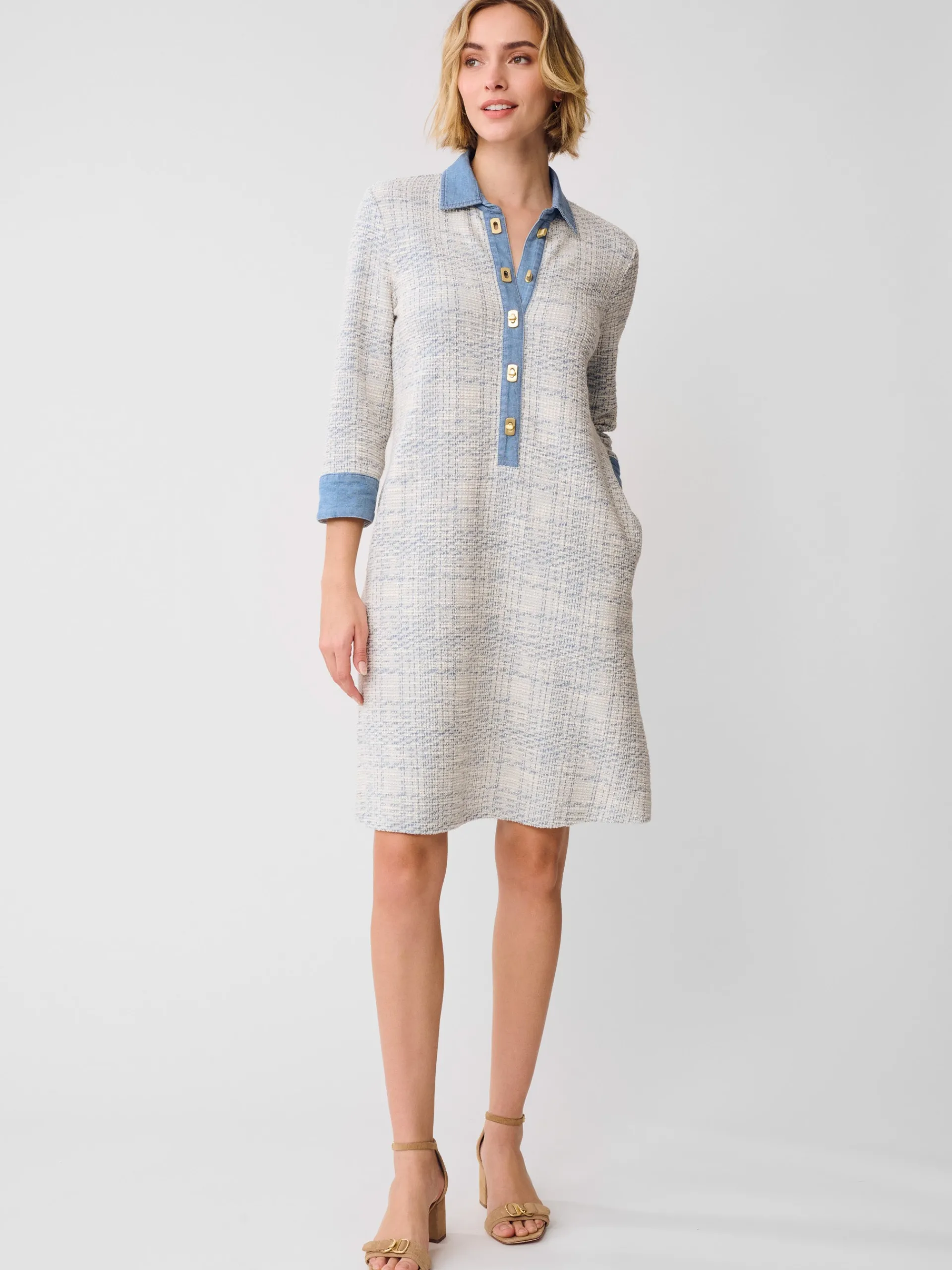 J.McLaughlin Bryony Dress in Plaid Jacquard OffWhite/LightBlue Best Sale