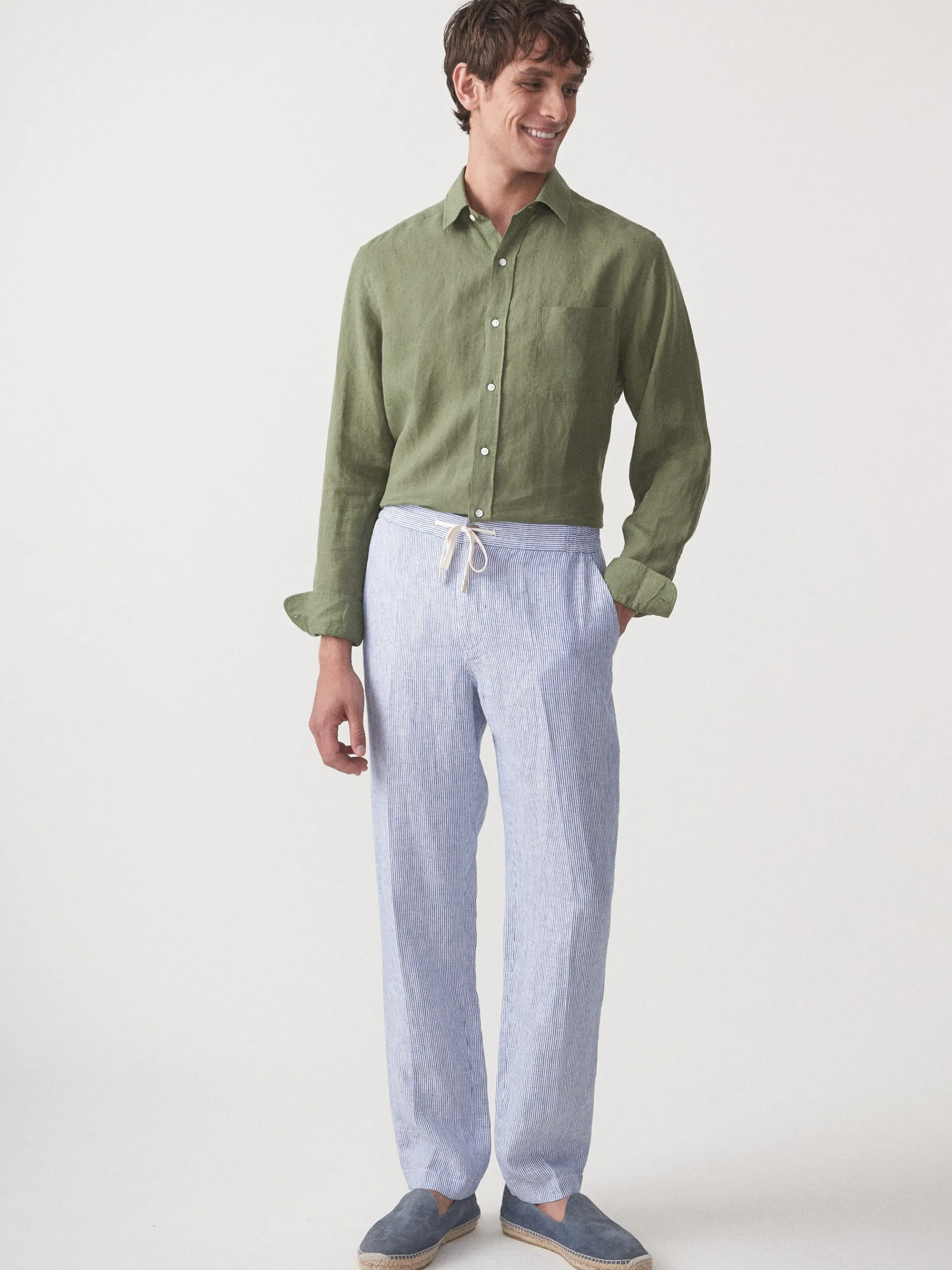 J.McLaughlin Callistair Linen Pants in Hairline Stripe White/Navy Shop