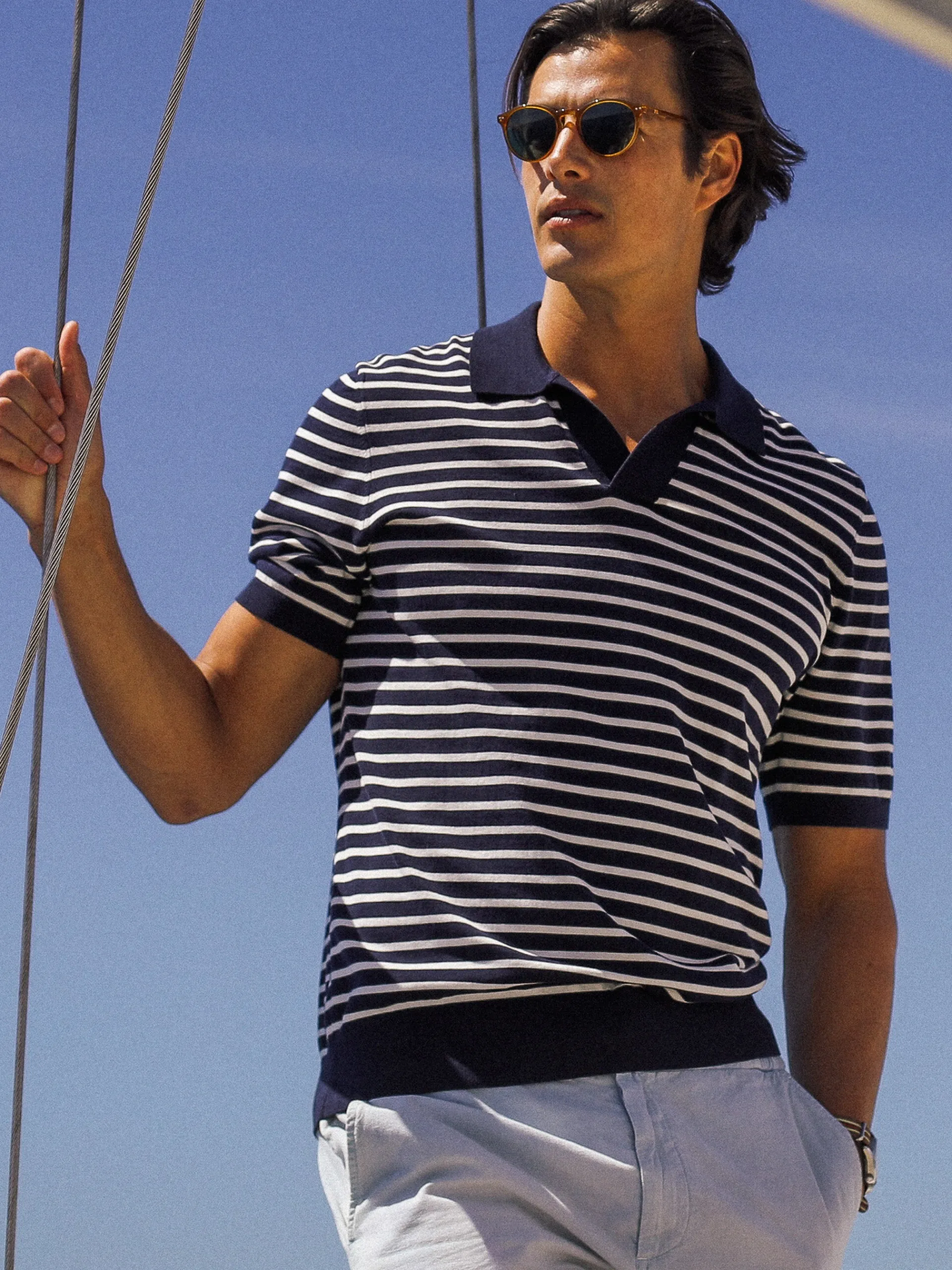 J.McLaughlin Cillian Polo Sweater in Stripe Navy/EgretWhite Best Sale
