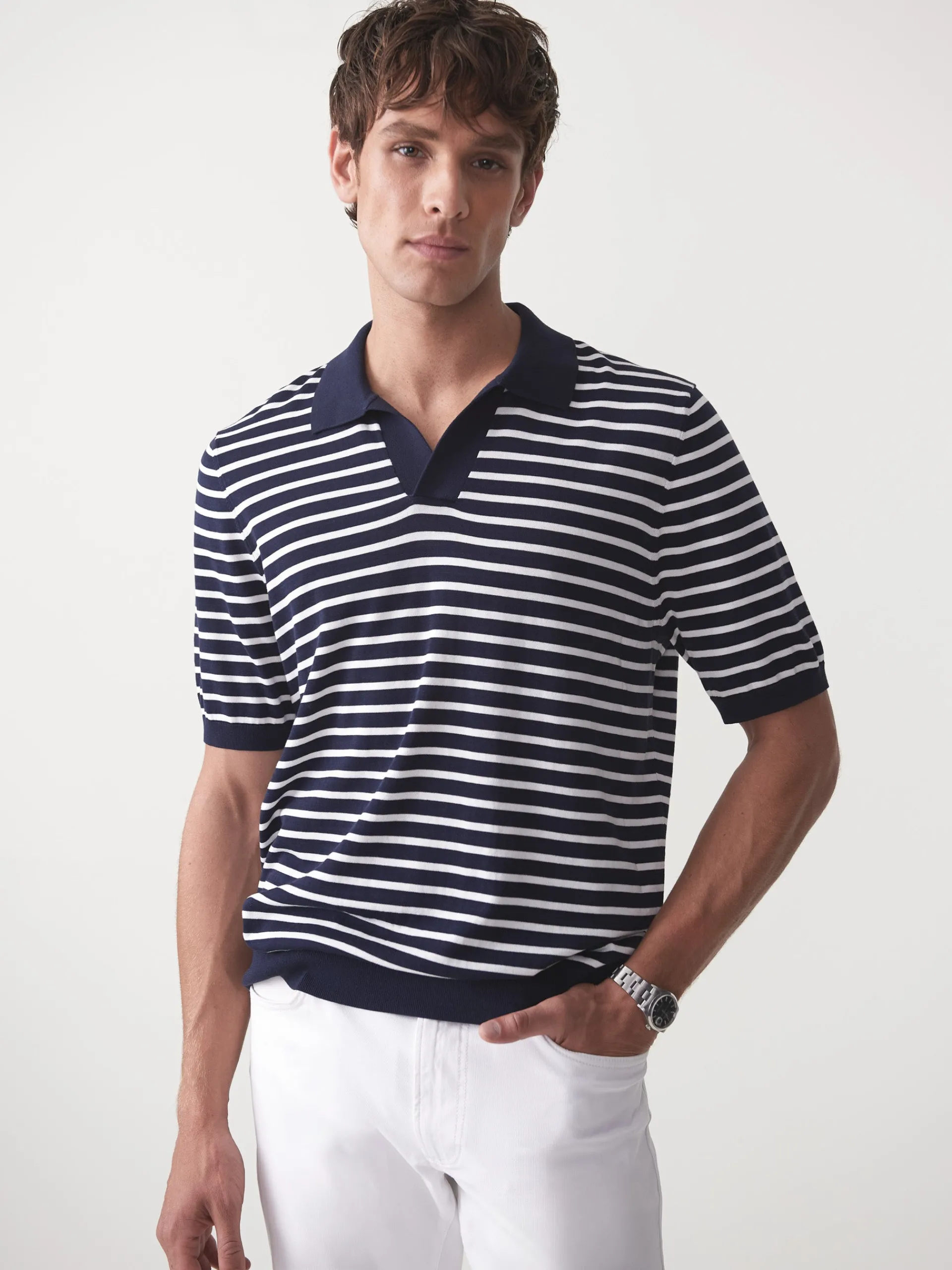 J.McLaughlin Cillian Polo Sweater in Stripe Navy/EgretWhite Best Sale