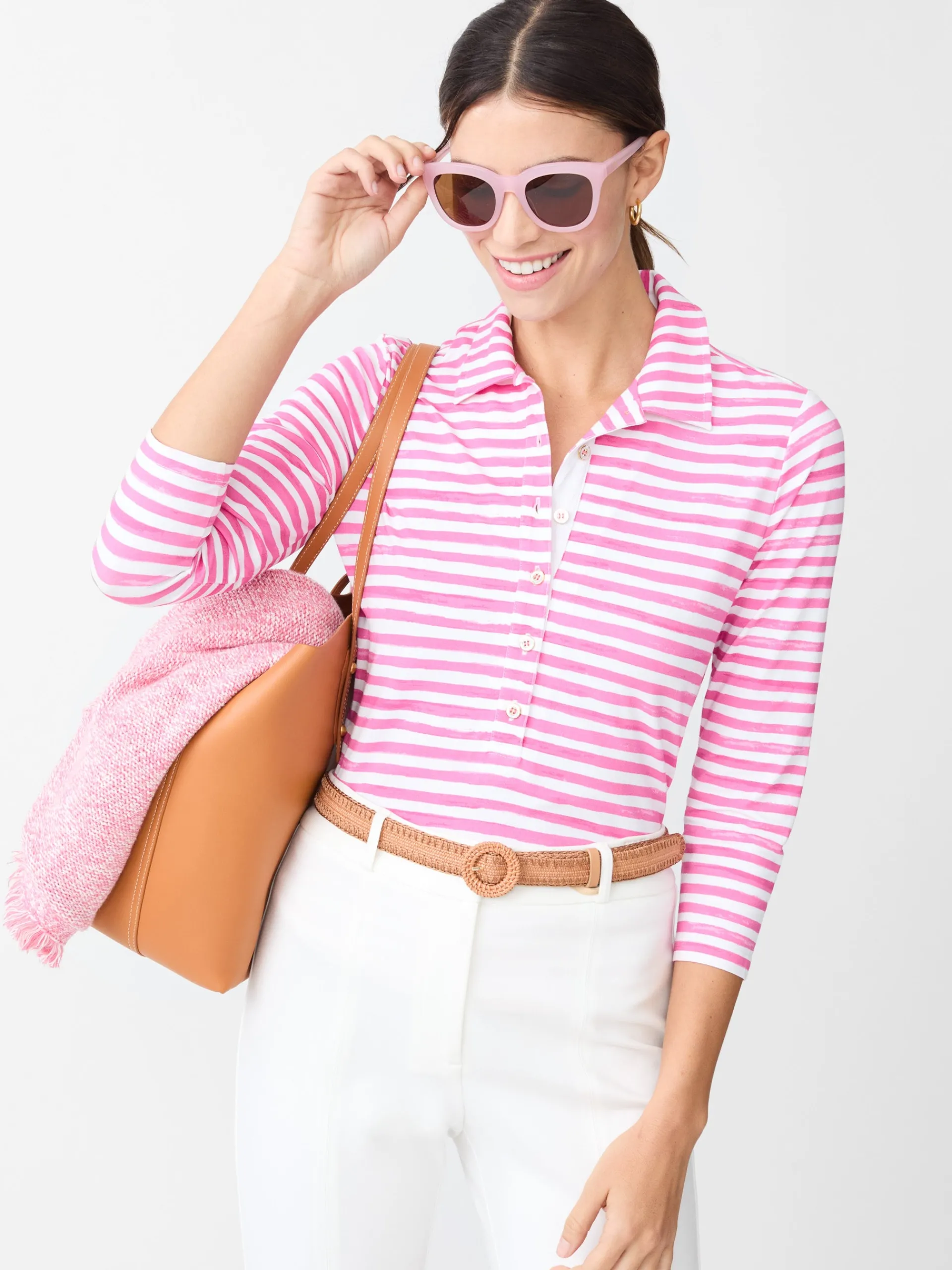 J.McLaughlin Court 3/4 Sleeve Polo in Santa Rosa Stripe White/Fuchsia Hot
