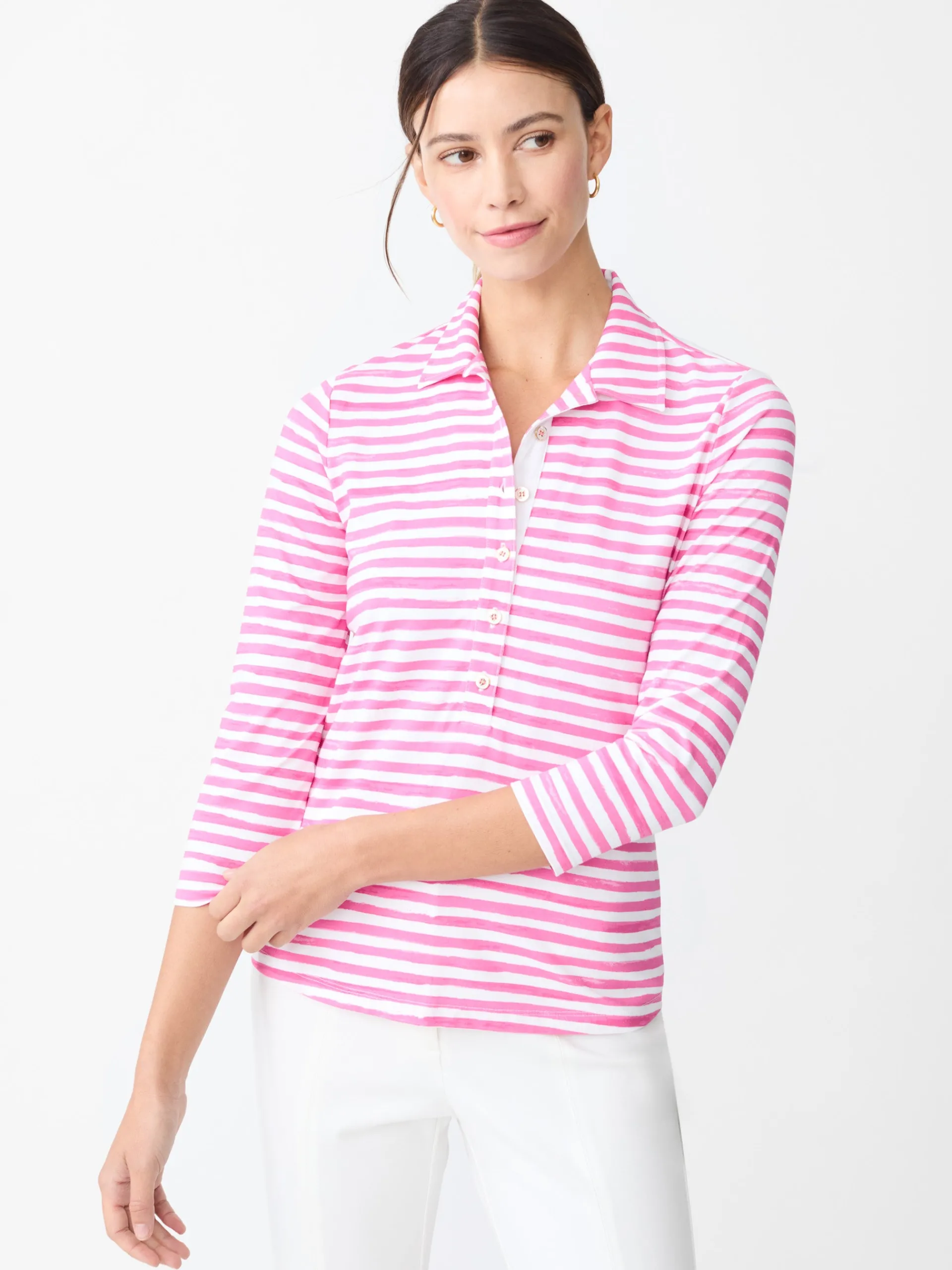 J.McLaughlin Court 3/4 Sleeve Polo in Santa Rosa Stripe White/Fuchsia Hot