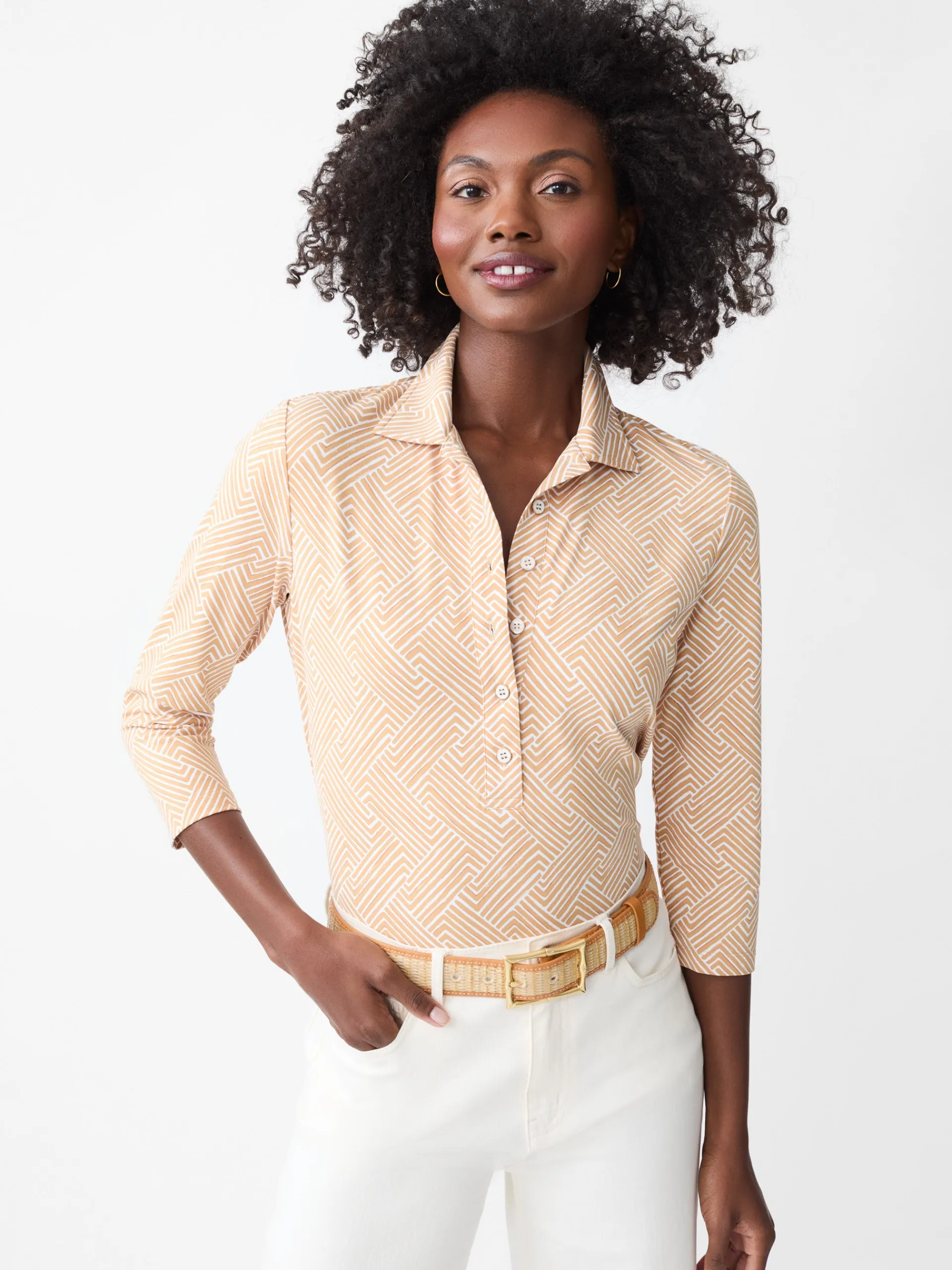 J.McLaughlin Court 3/4 Sleeve Polo in Volley White/Tan Discount