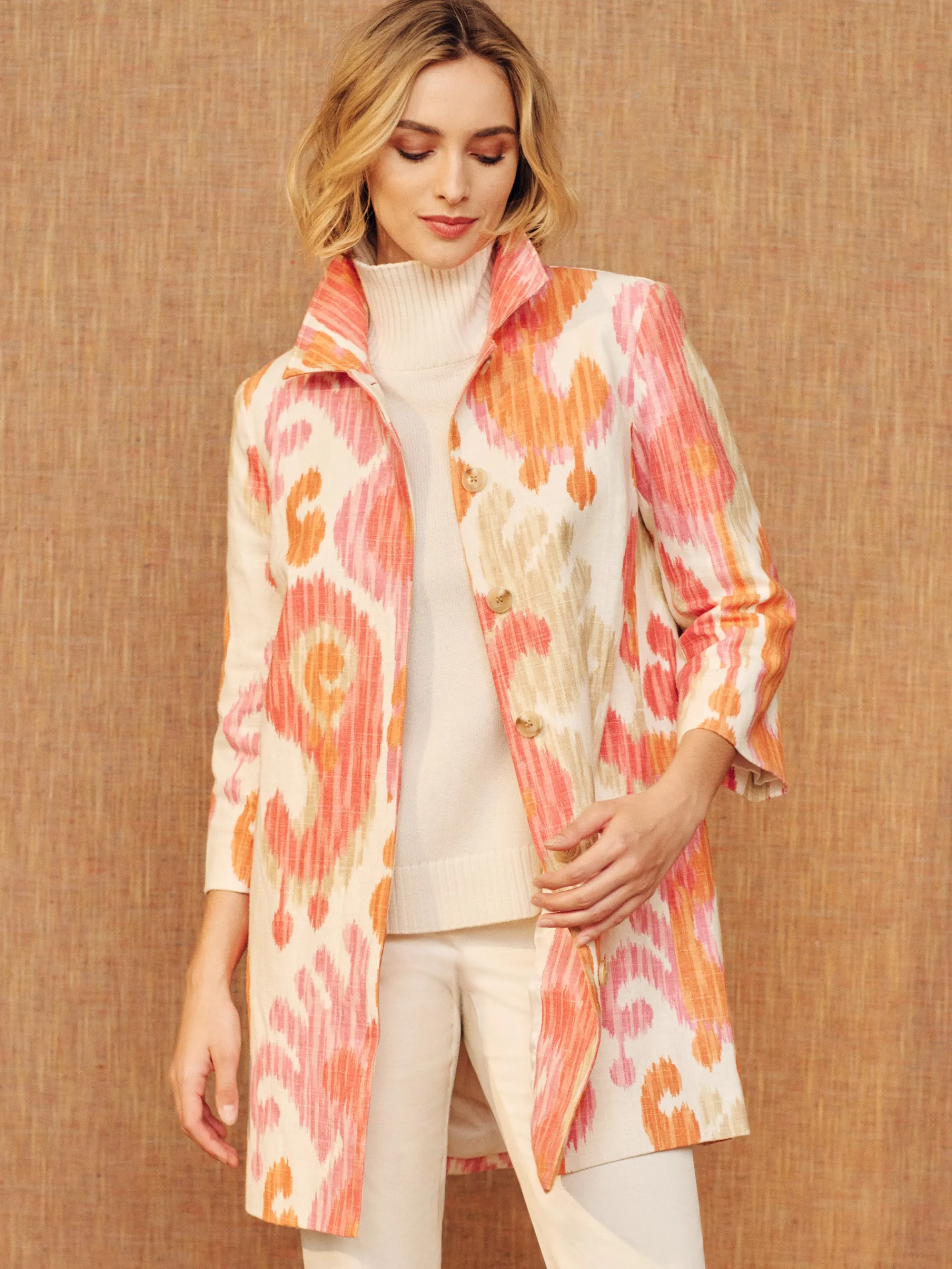 J.McLaughlin Deirdre Coat in Ikat Swirl Orange/Pink/Taupe Shop