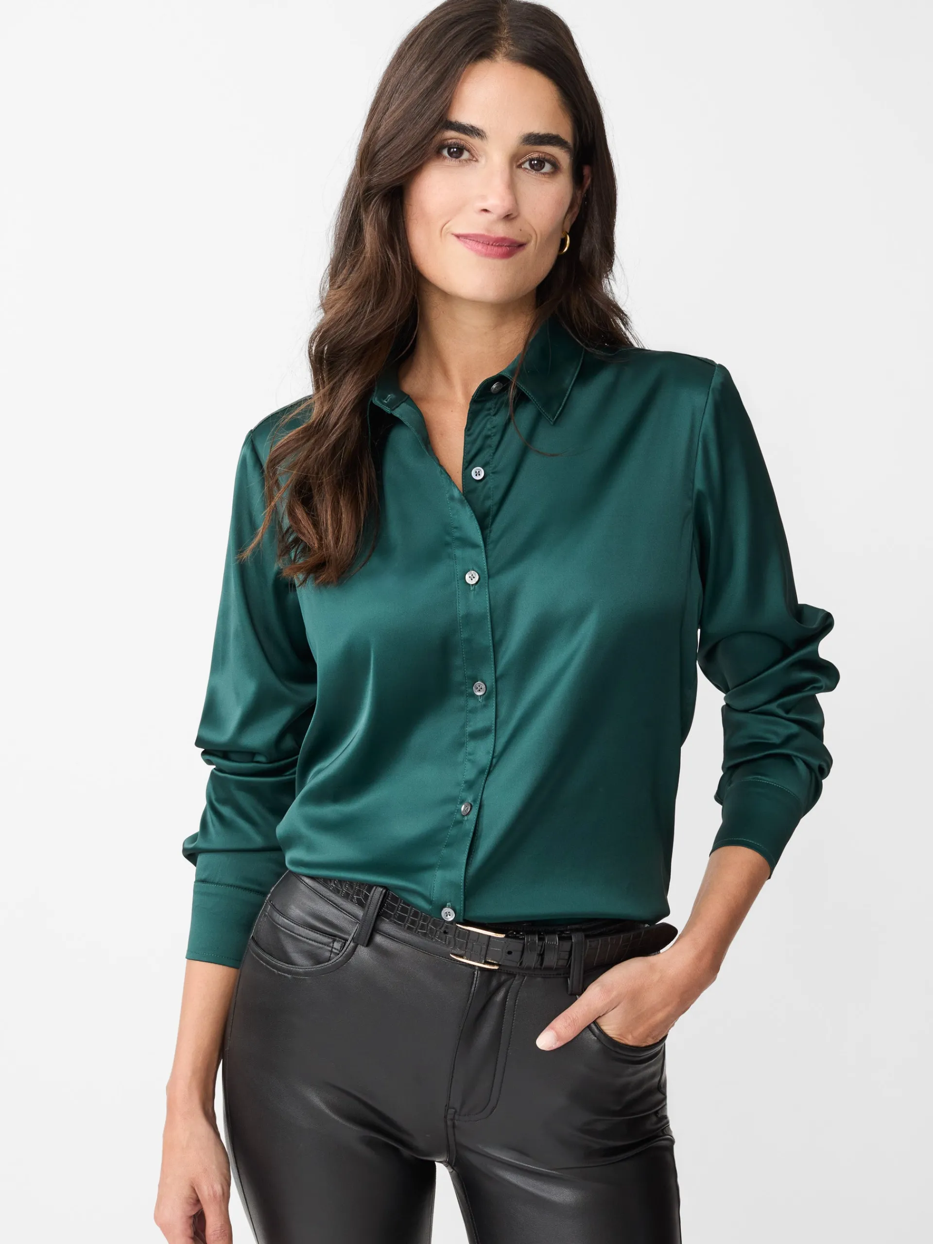 J.McLaughlin Denver Satin Shirt EmeraldGreen Store