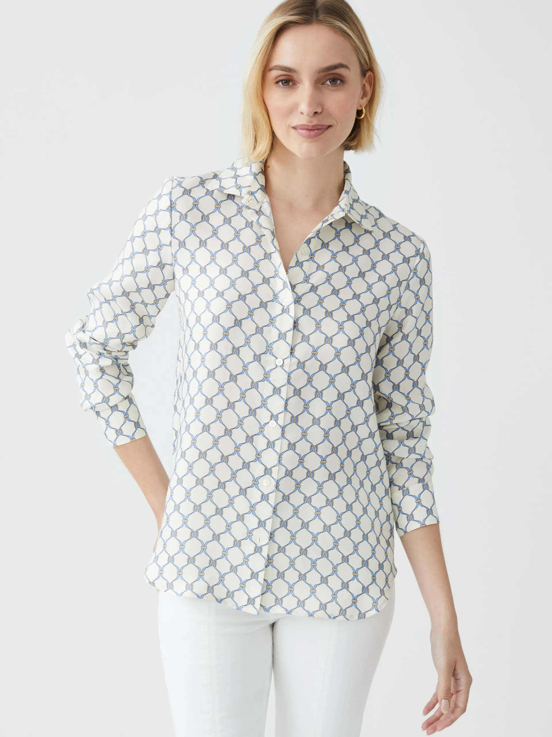J.McLaughlin Denver Silk Blend Shirt in Sussex Interlock OffWhite/Blue Hot