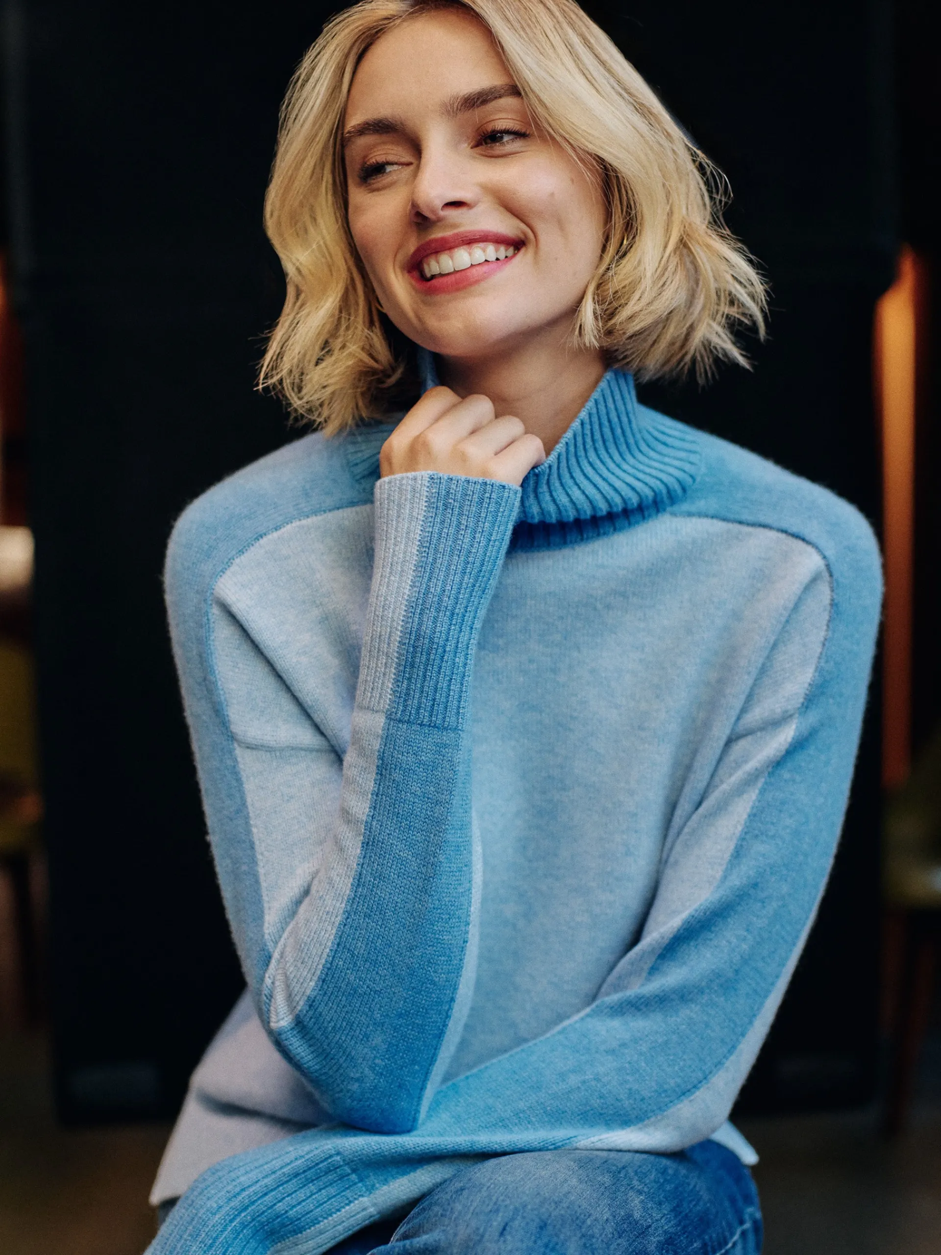 J.McLaughlin Dina Cashmere Turtleneck in Color Block BlueTonal Best