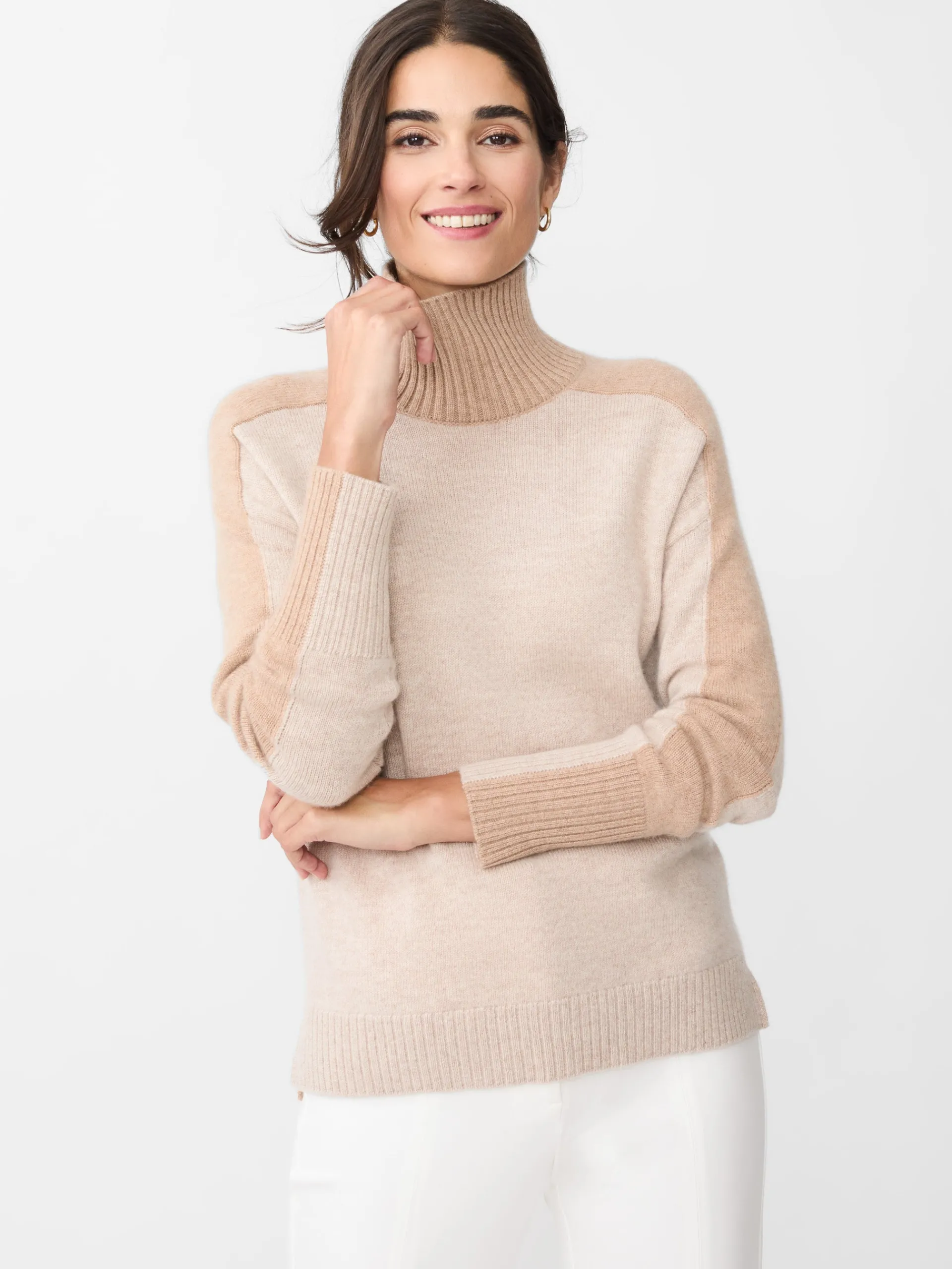 J.McLaughlin Dina Cashmere Turtleneck in Color Block HeatherOatmeal/Camel Cheap