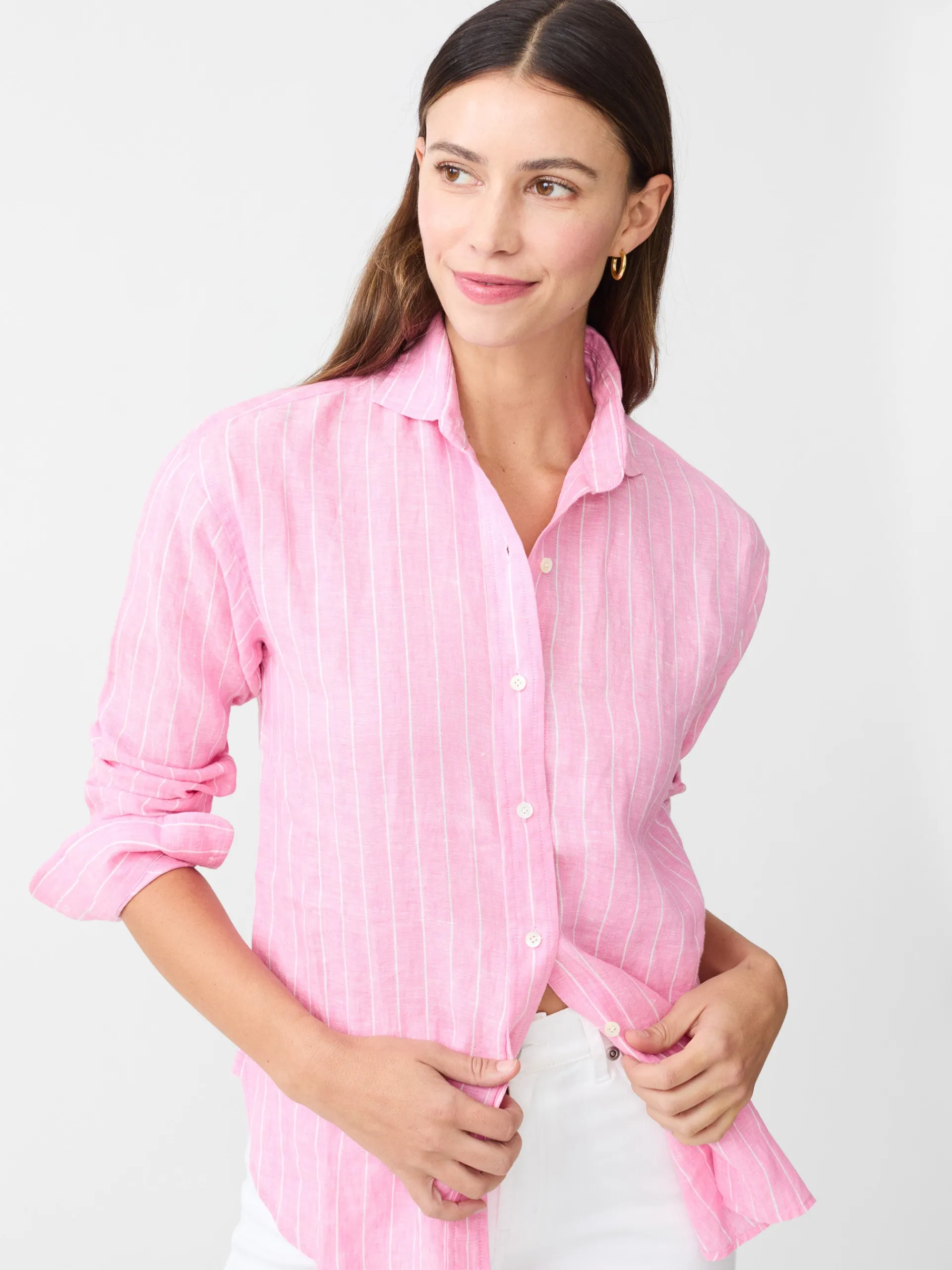 J.McLaughlin Finn Linen Shirt in Stripe Pink/White Hot