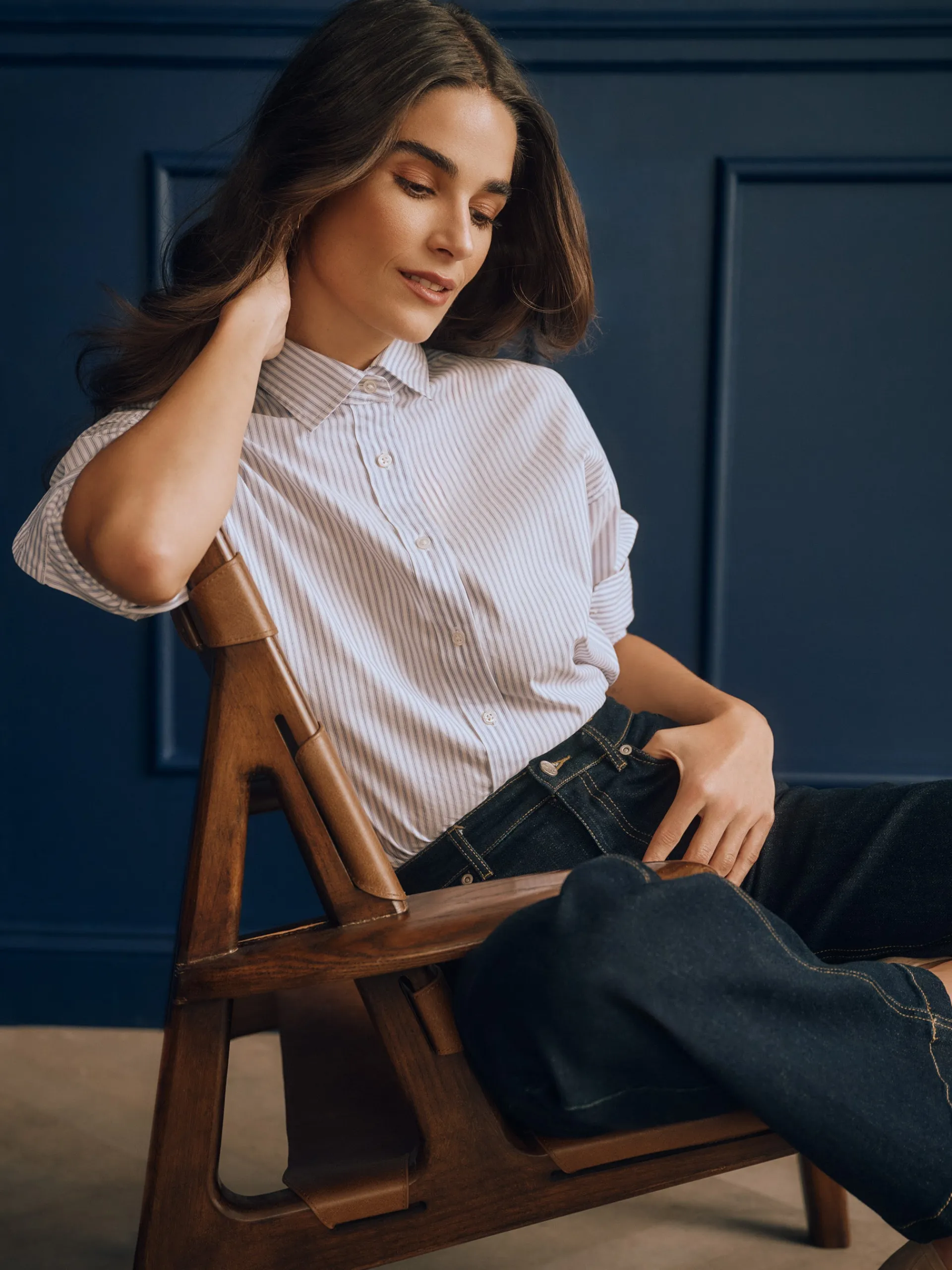 J.McLaughlin Finn Shirt in Stripe White/FrenchBlue Outlet