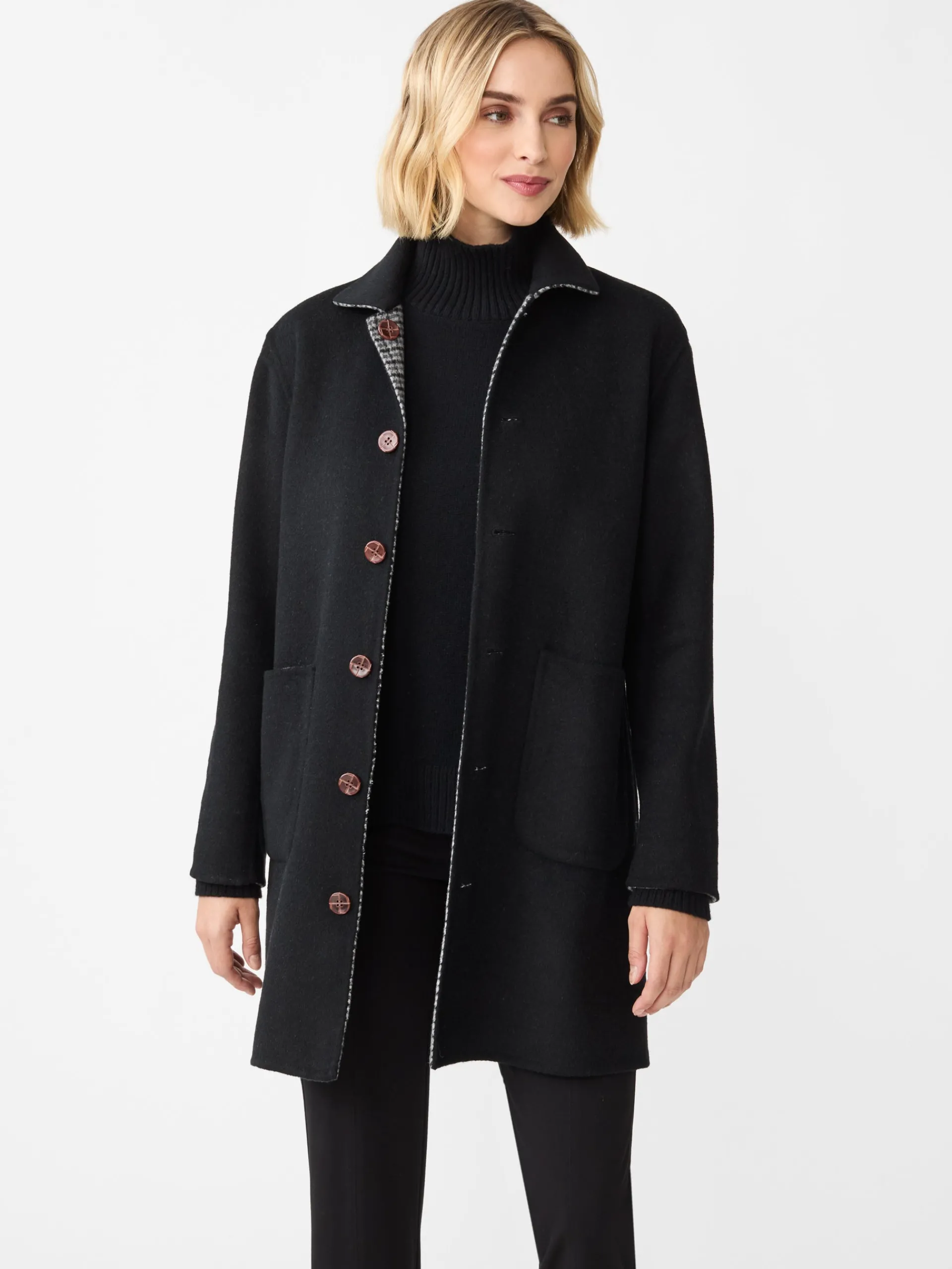 J.McLaughlin Frade Reversible Wool Coat in Houndstooth Black/Charcoal/Gray New
