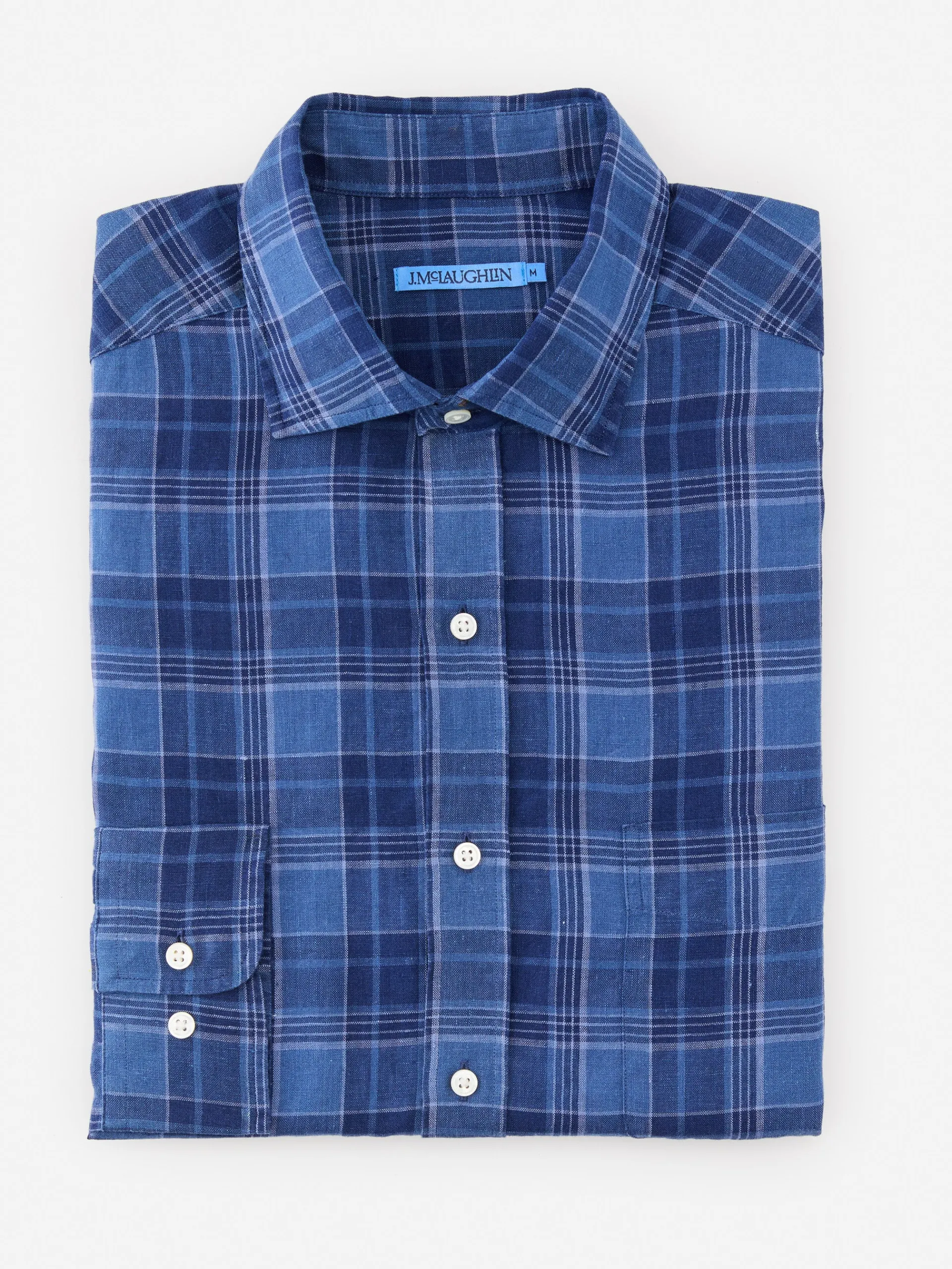J.McLaughlin Gramercy Classic Fit Linen Shirt in Plaid Navy/Chambray Cheap