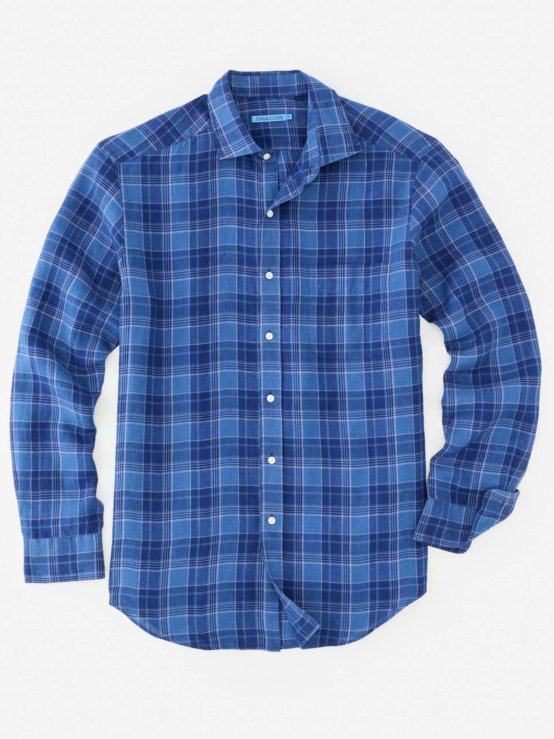 J.McLaughlin Gramercy Classic Fit Linen Shirt in Plaid Navy/Chambray Cheap