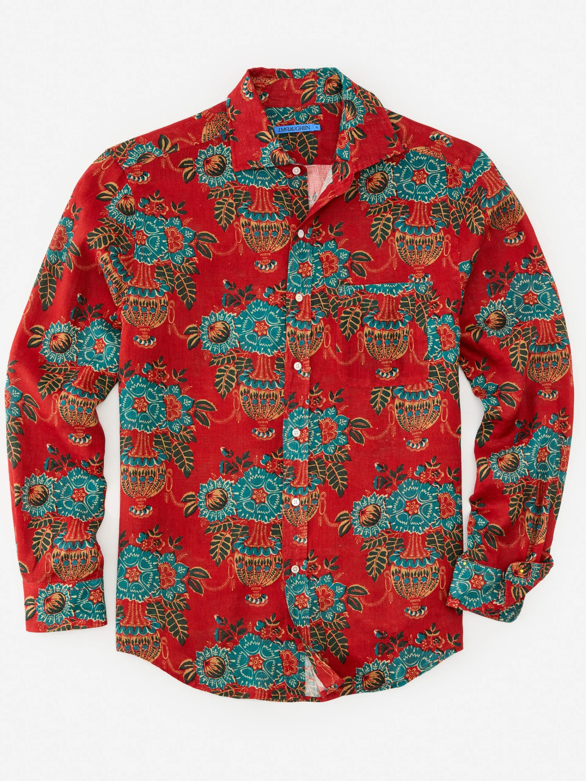 J.McLaughlin Gramercy Classic Fit Linen Shirt in Vintage Bouquet Red/Multi Store