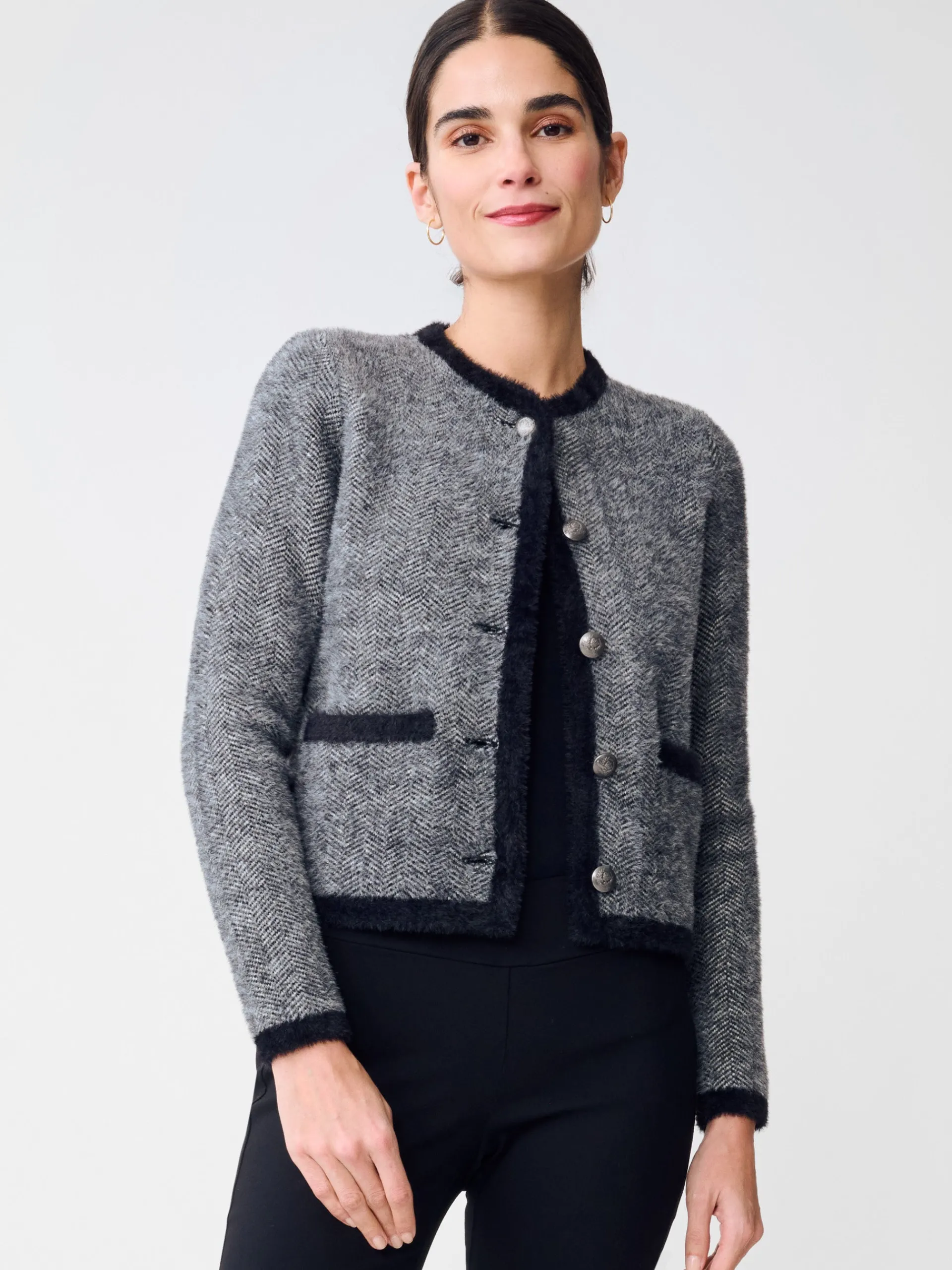 J.McLaughlin Inez Cardigan in Herringbone Jacquard Black/OffWhite Hot