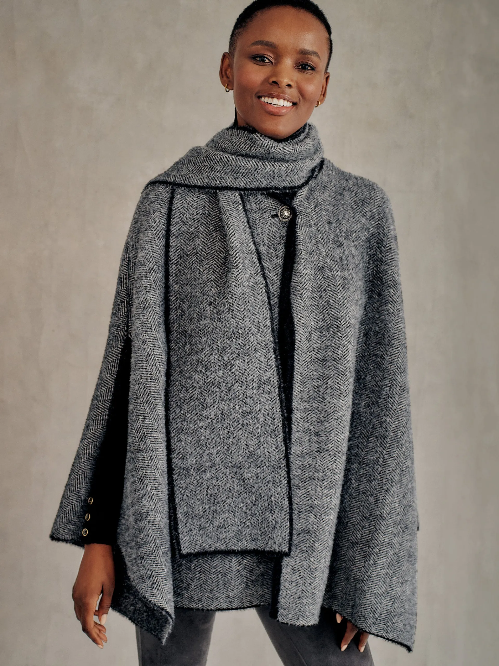 J.McLaughlin Karolina Cape in Herringbone Black/OffWhite Best Sale