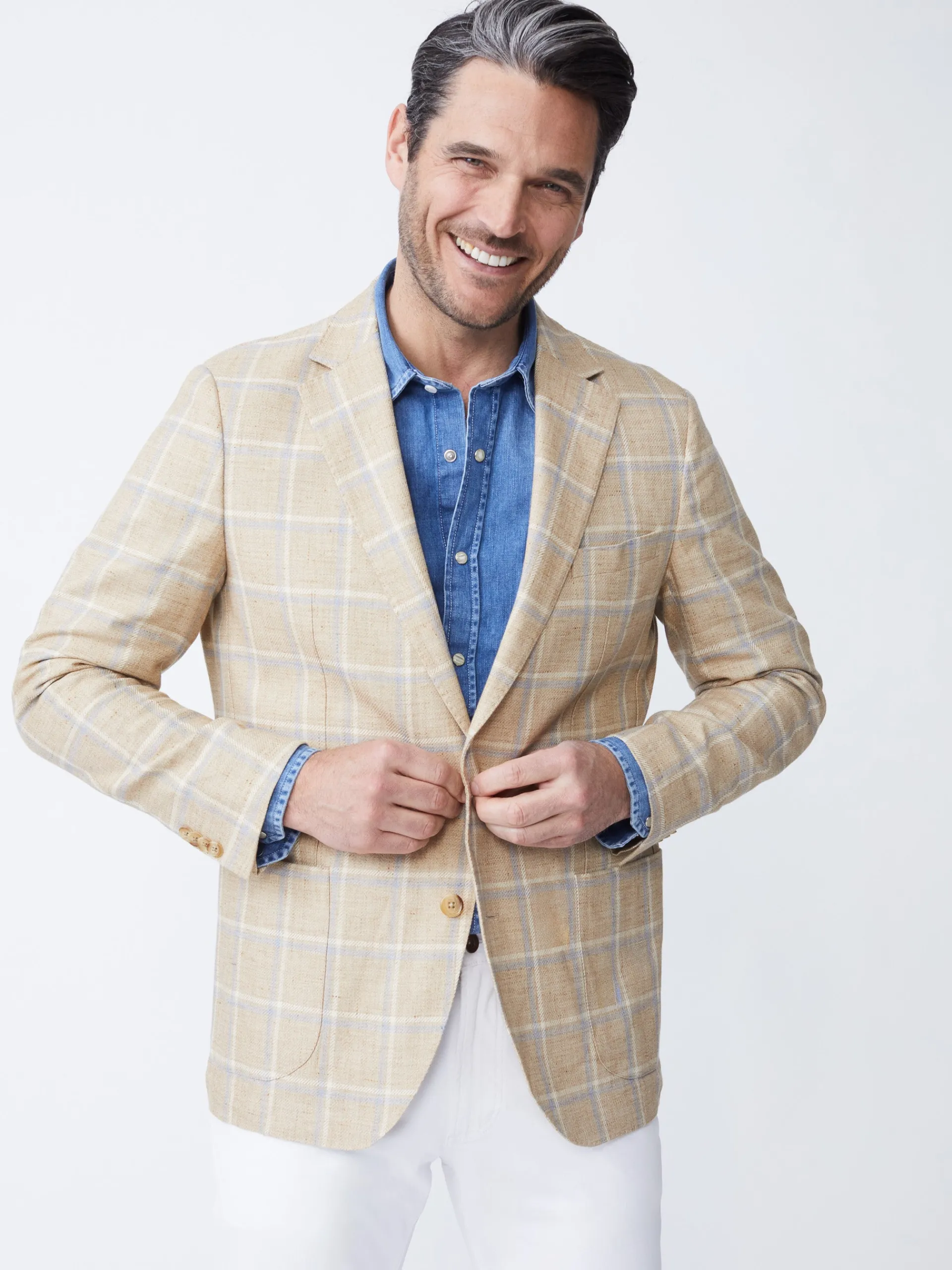 J.McLaughlin Lisbon Linen Sport Coat in Window Pane White/Tan/Blue Store
