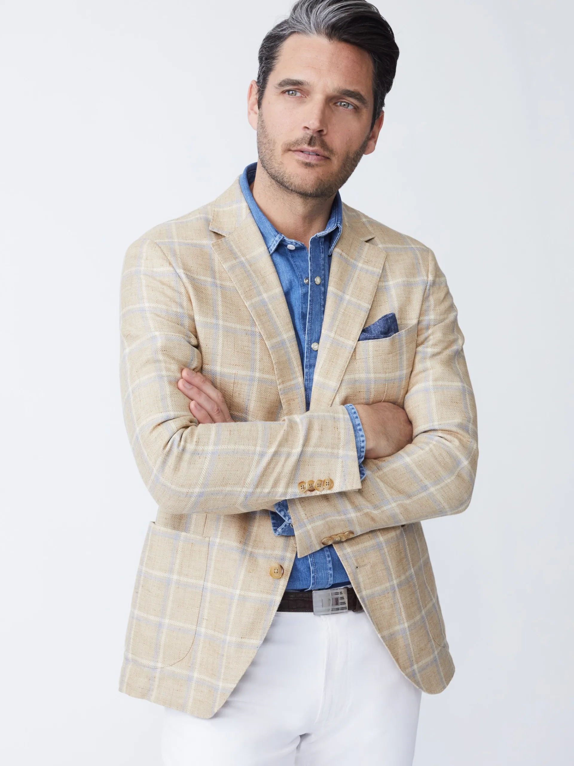 J.McLaughlin Lisbon Linen Sport Coat in Window Pane White/Tan/Blue Store