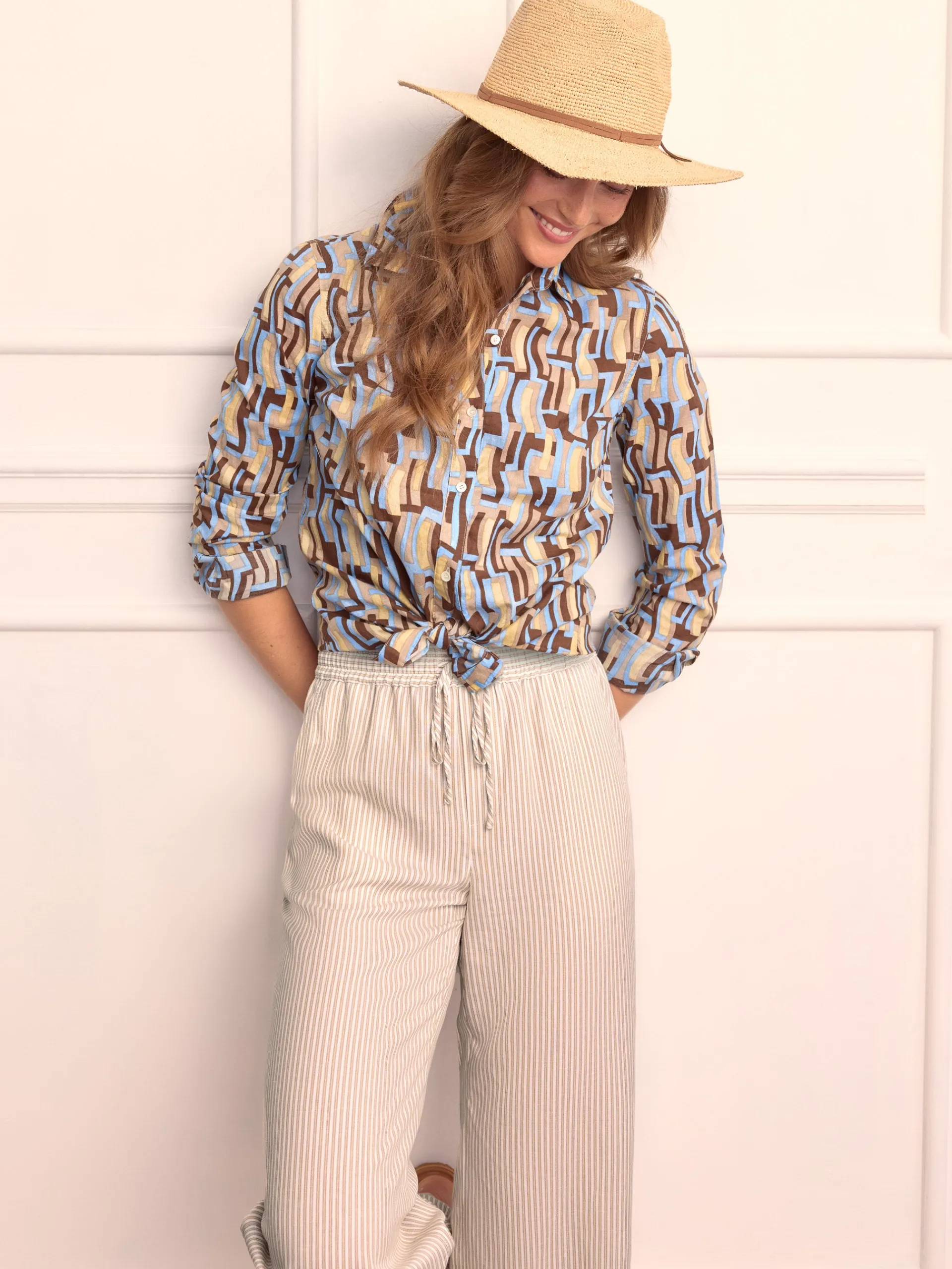 J.McLaughlin Lois Shirt in Abstract Waves Blue/Yellow/Brown Flash Sale