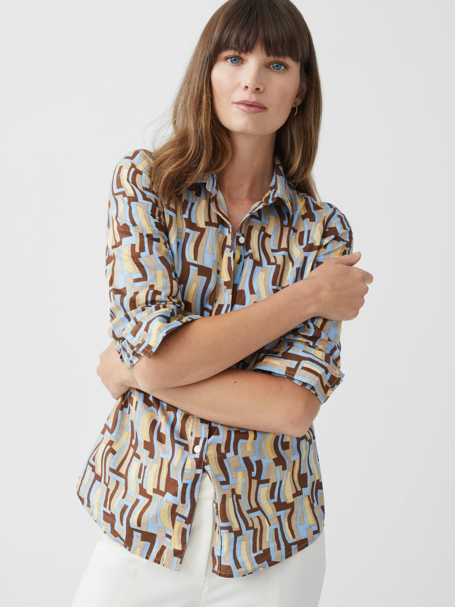 J.McLaughlin Lois Shirt in Abstract Waves Blue/Yellow/Brown Flash Sale