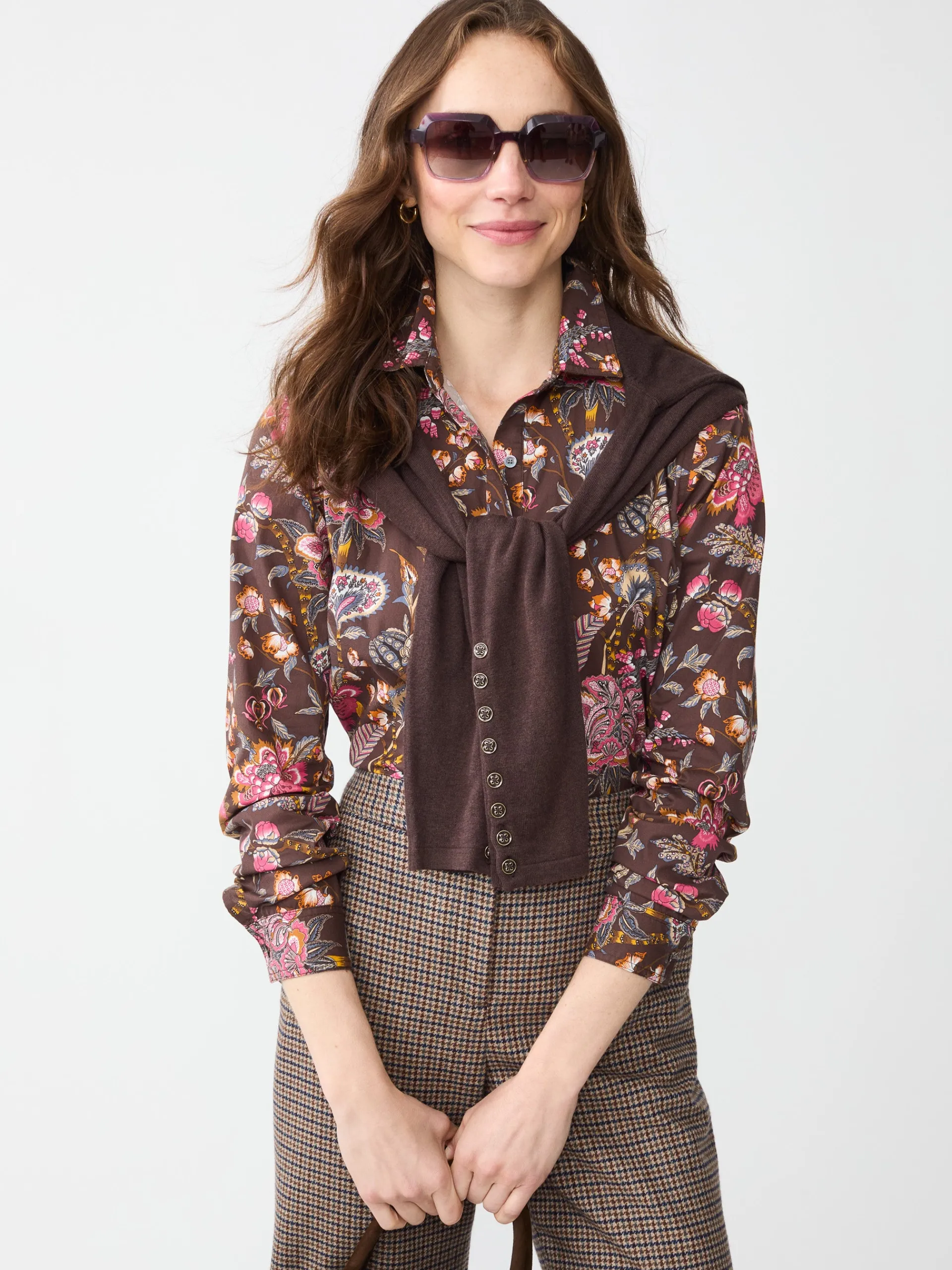J.McLaughlin Lois Shirt in Baroque Bloom Brown/Multi Outlet